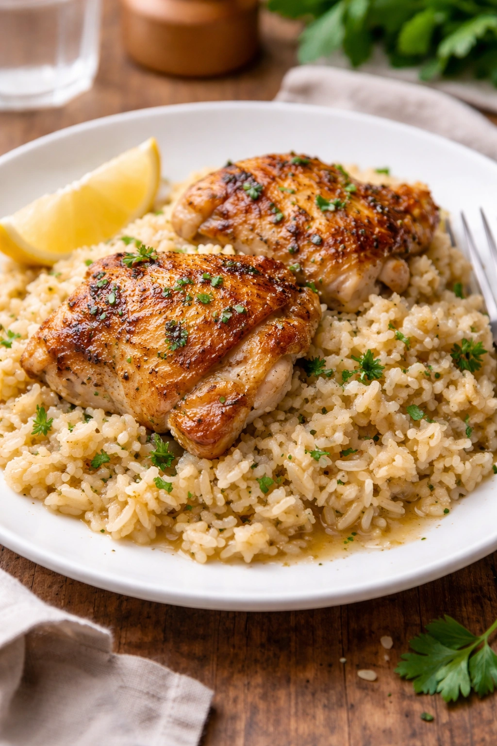 Creamy-looking chicken and rice plated restaurant-style with glossy texture