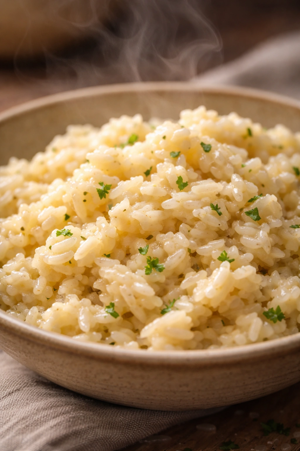 Creamy rice close-up showing glossy, separate grains