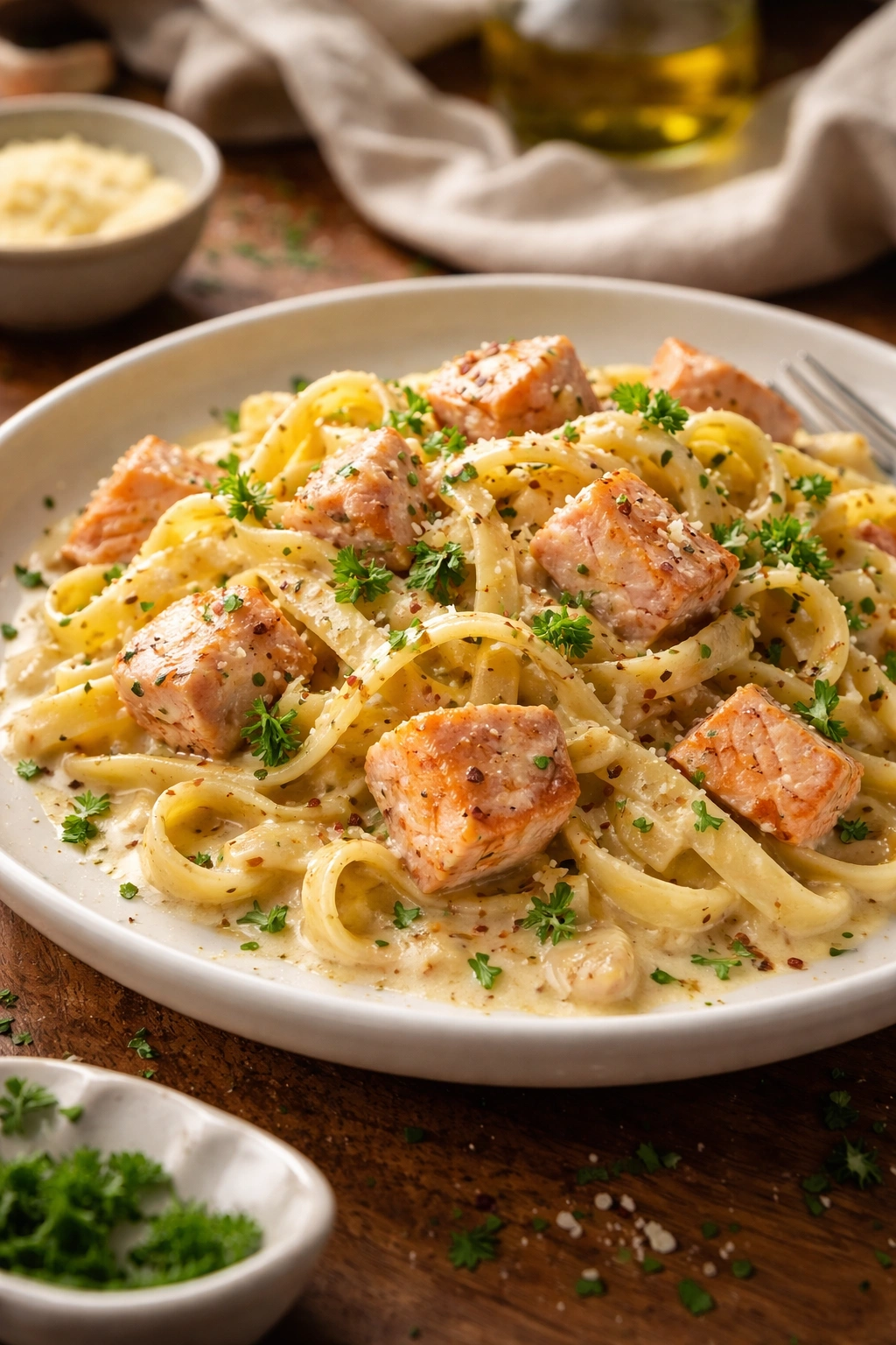 Creamy salmon pasta plated with salmon chunks in a glossy sauce