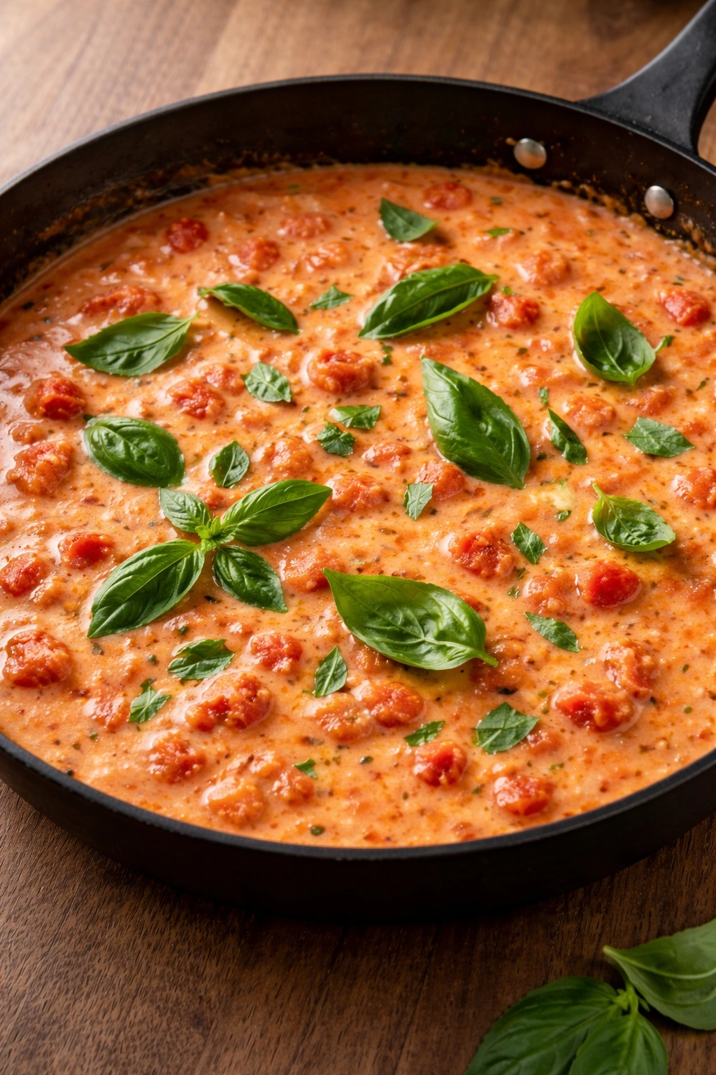 Creamy tomato sauce in a skillet with torn basil leaves