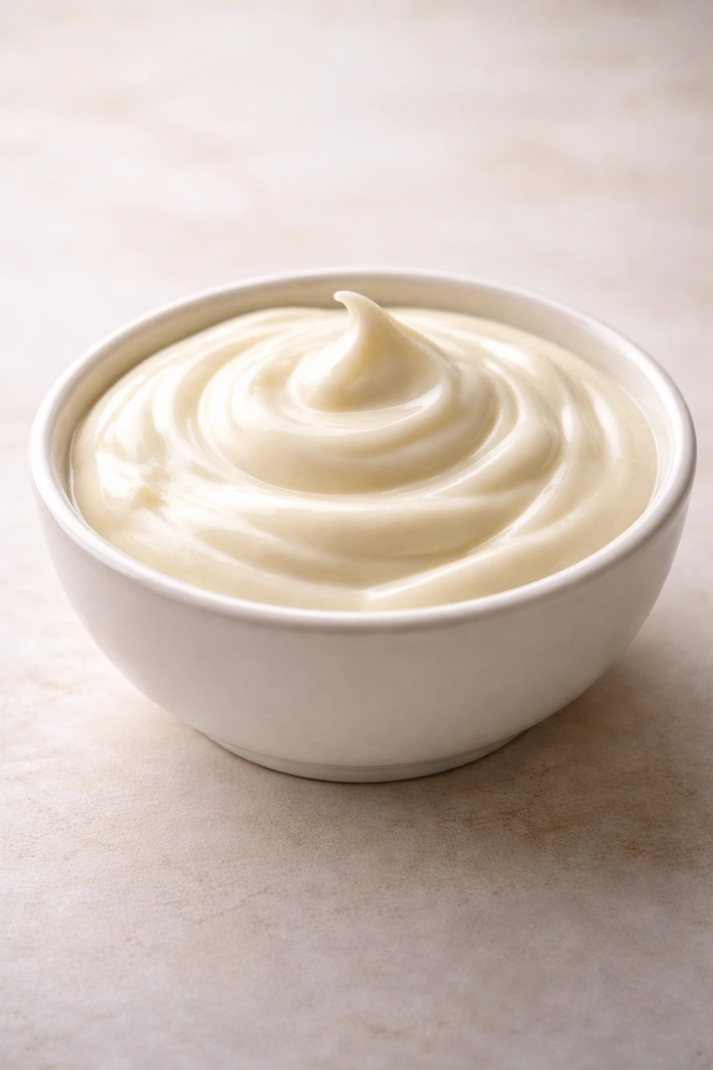 Glossy white creamy sauce swirled in a small dish