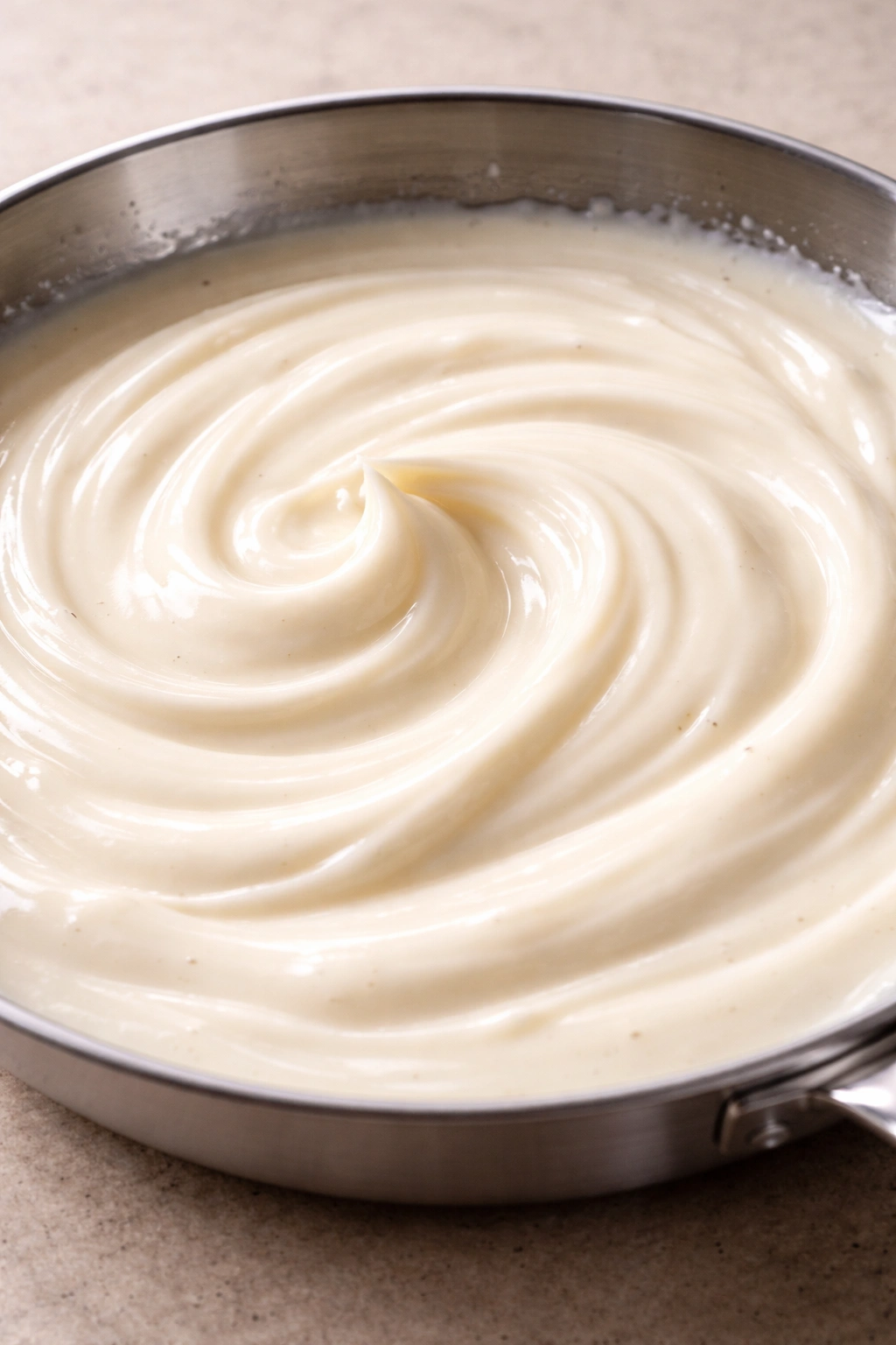 Glossy creamy sauce swirl in a pan with soft highlights