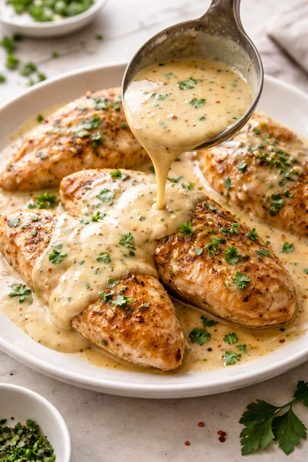Creamy sauce poured over chicken on plate