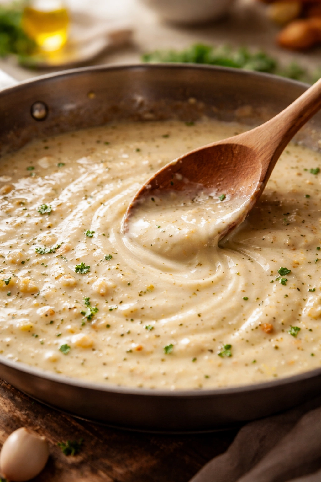 Silky cream sauce simmering in pan with garlic and wine hints