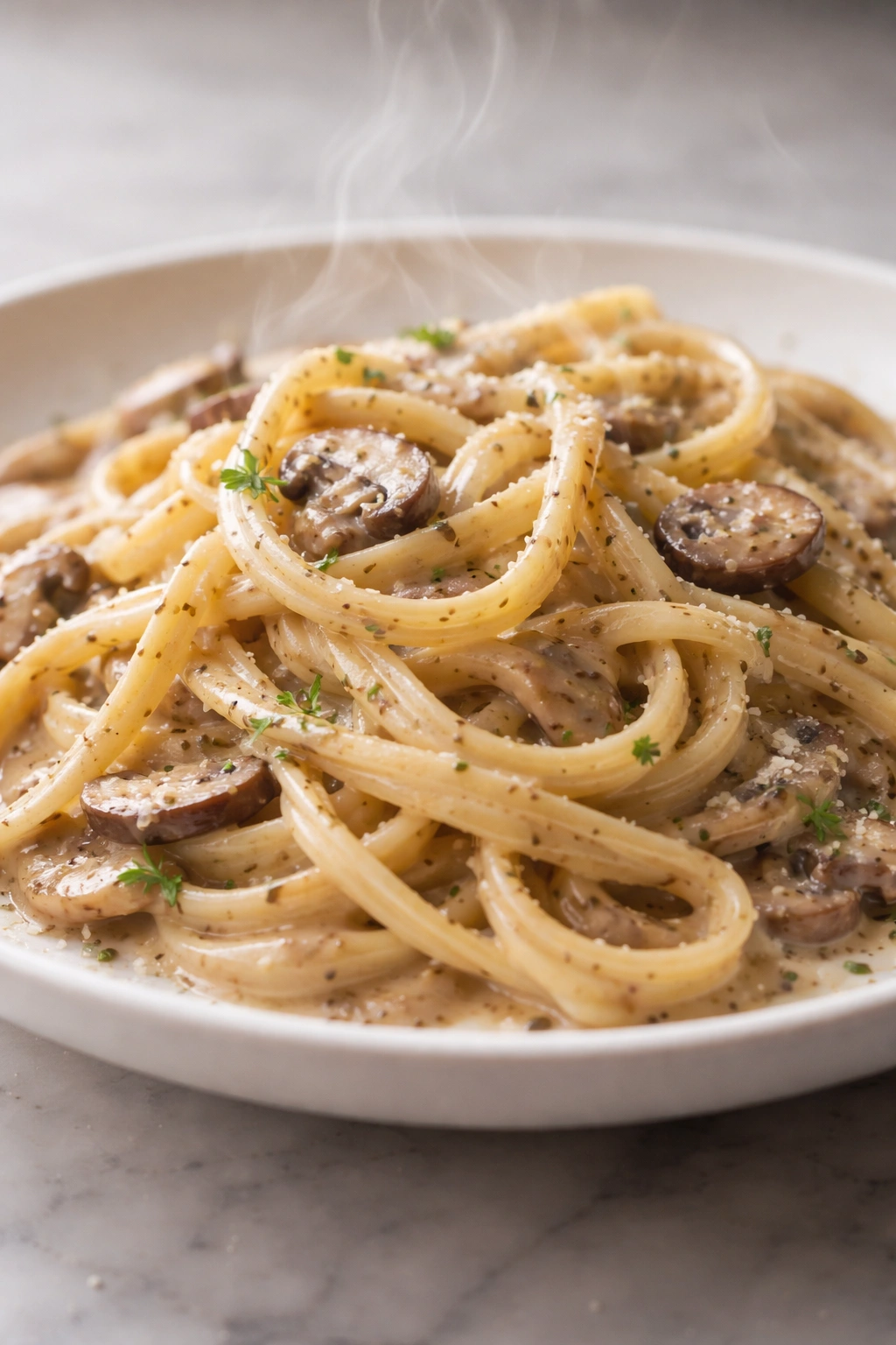 Pasta strands coated in glossy creamy sauce on plate