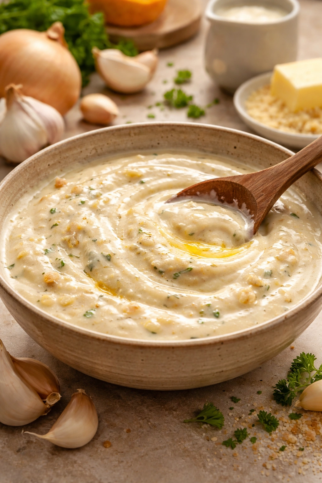 Silky cream sauce with hints of butter and garlic