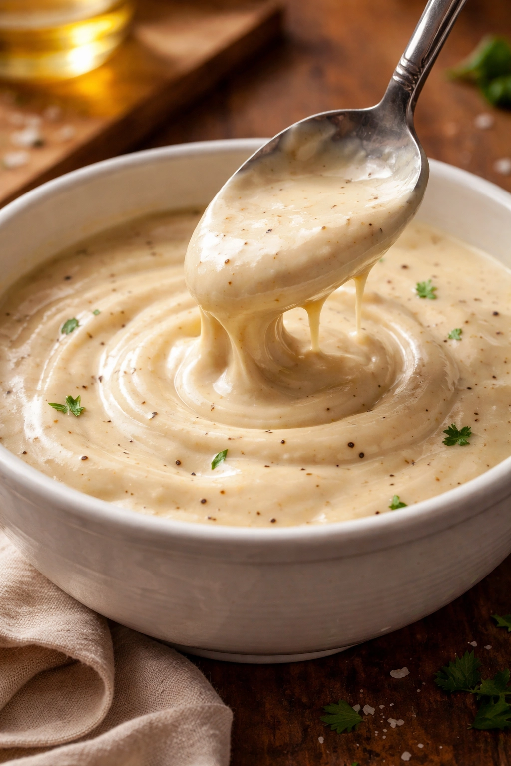 Close-up of glossy beef stroganoff sauce in a white bowl with warm lighting