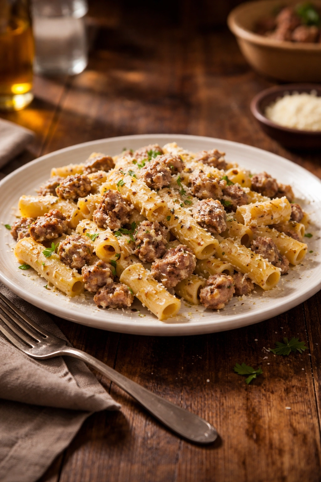 Plate of creamy sausage pasta with glossy sauce