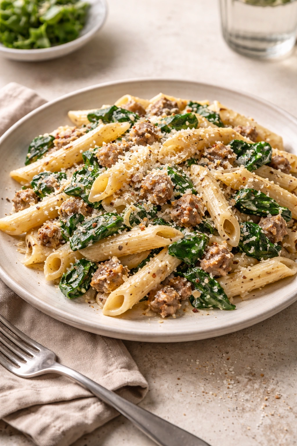Plate of creamy sausage pasta with spinach and parmesan