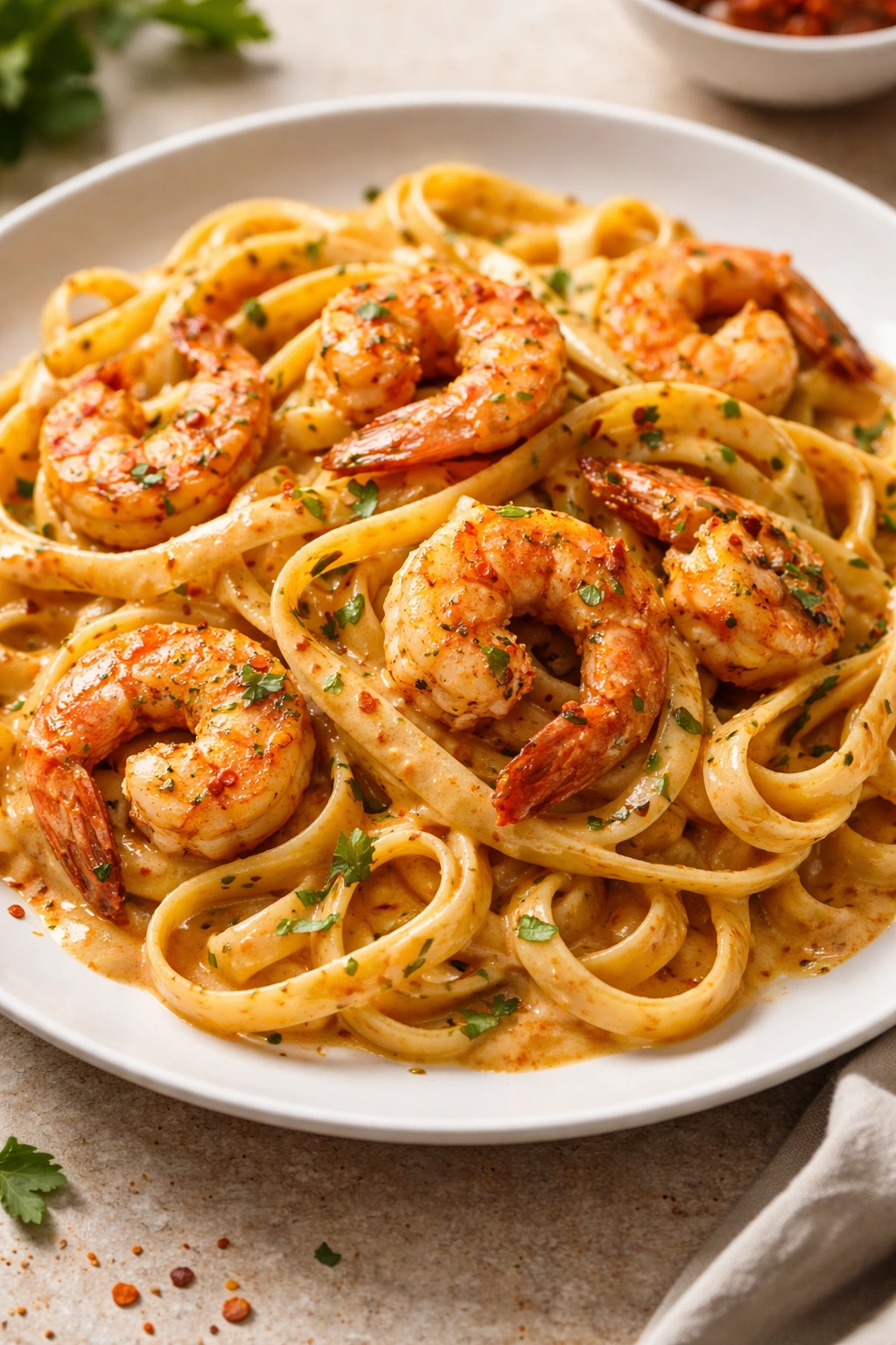 Creamy Cajun Shrimp Pasta plated in a white dish with shrimp and creamy sauce