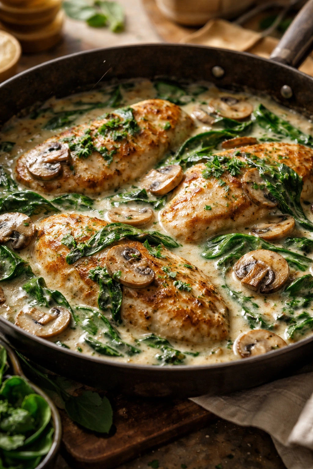 Creamy spinach and mushroom chicken in skillet
