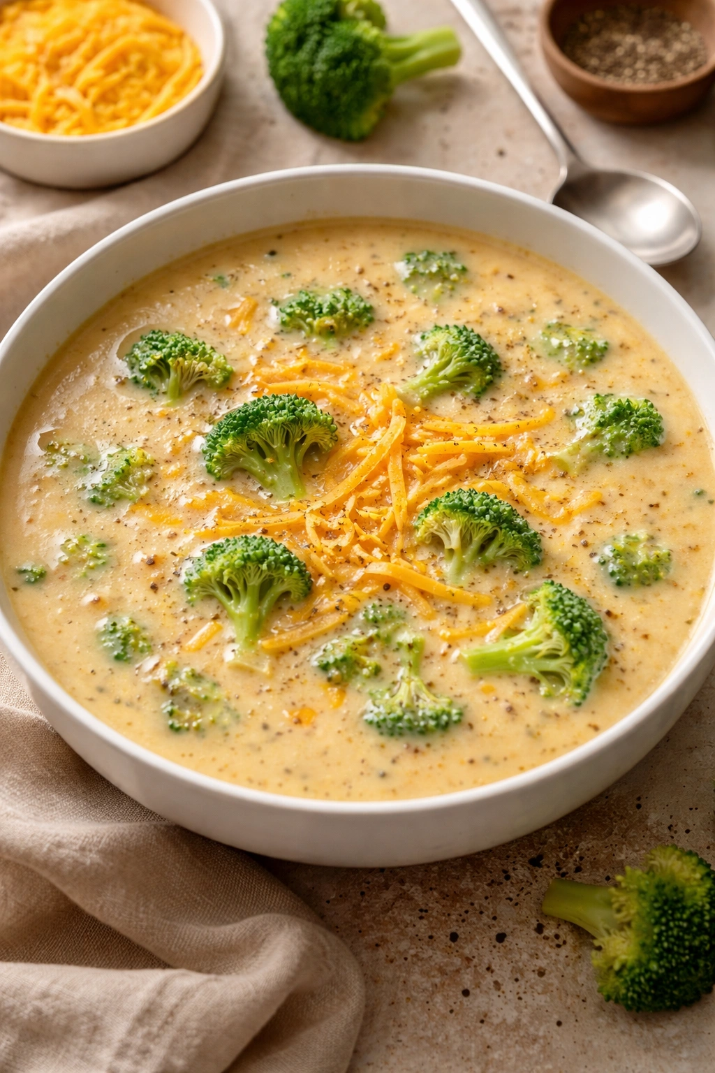 Silky broccoli cheddar soup surface in a white bowl showing creamy texture