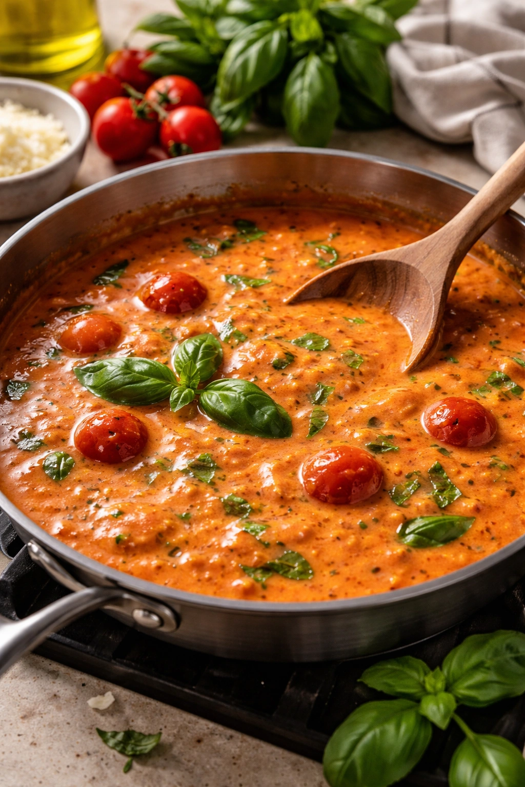 Creamy tomato basil sauce with basil flecks and cherry tomatoes in a pan