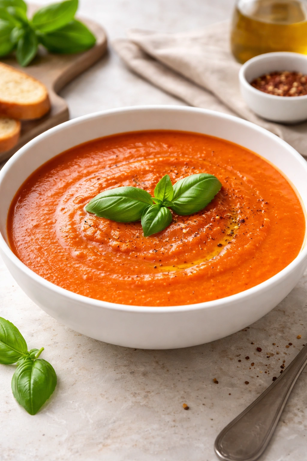 Creamy tomato soup with basil leaf garnish in a smooth bowl.