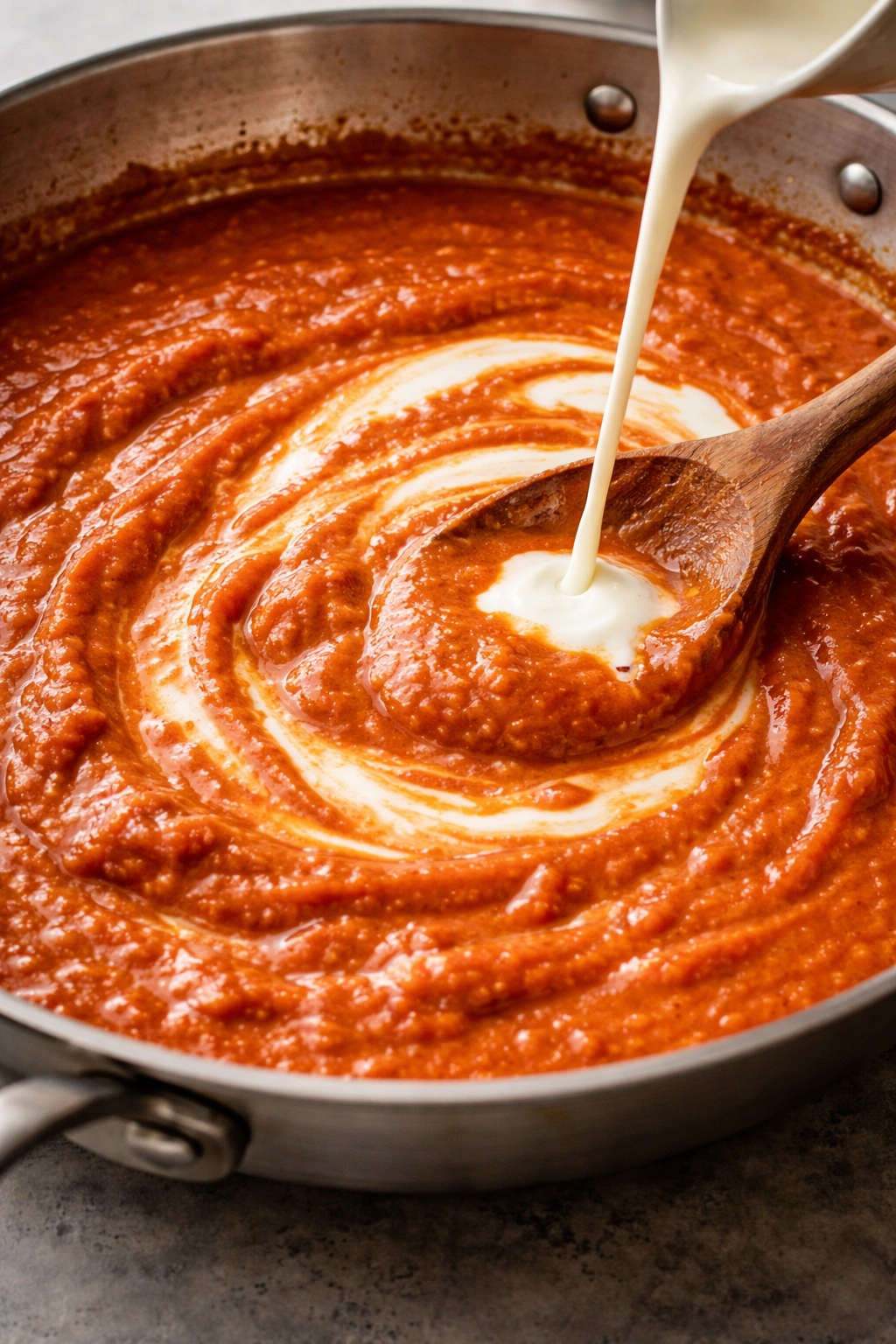 Creamy brick-red tomato sauce simmering in a pan.