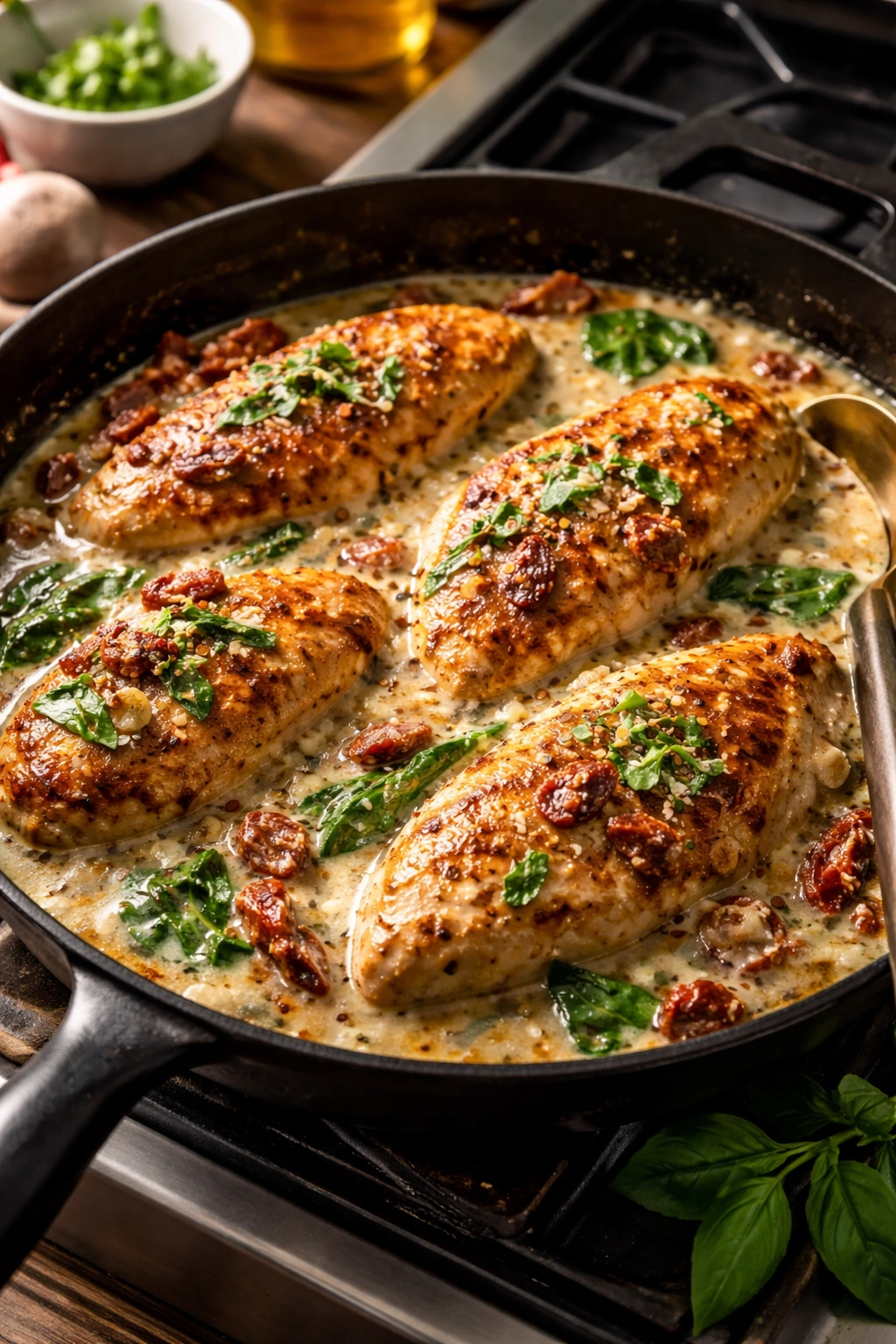 Creamy Tuscan chicken with sun-dried tomatoes in a skillet