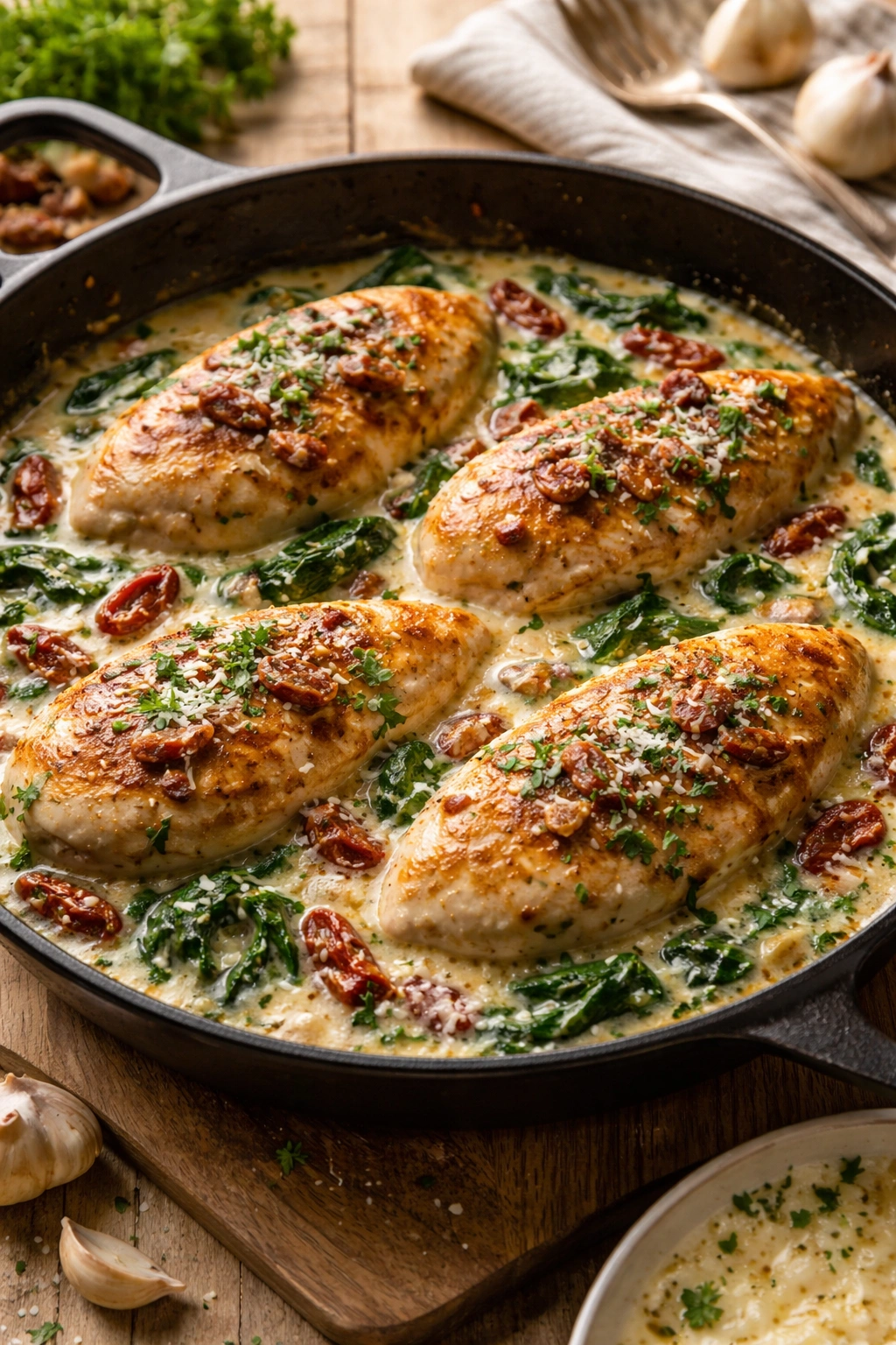 Creamy Tuscan chicken with sun-dried tomatoes in a skillet with spinach and Parmesan