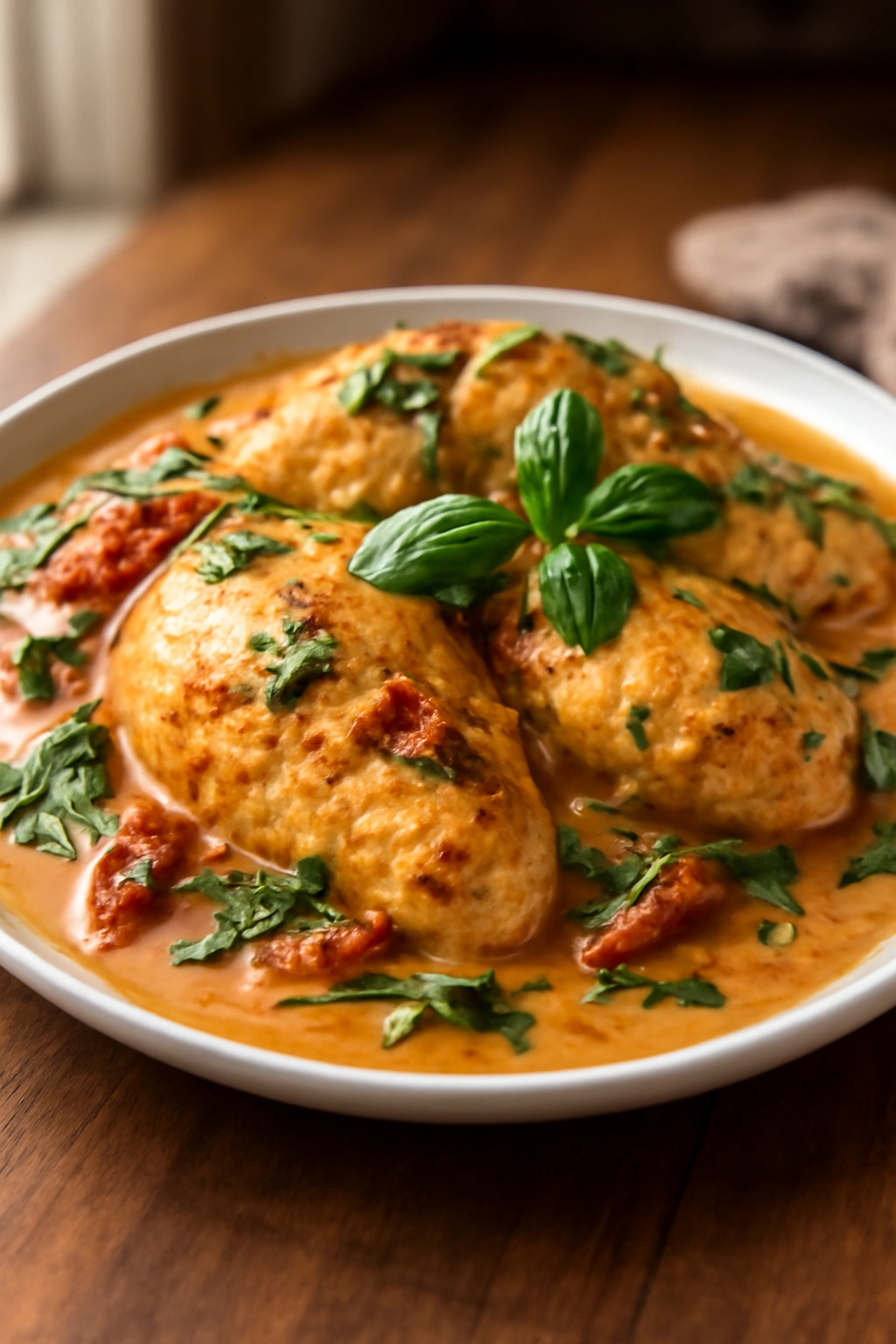Close-up of Creamy Tuscan Chicken with sun-dried tomatoes and spinach in creamy sauce