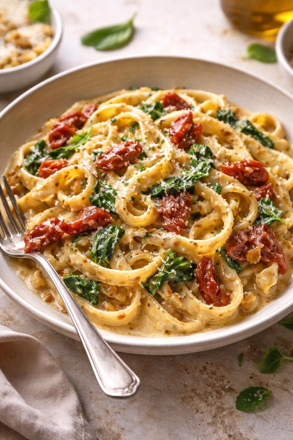 Plate of creamy Tuscan pasta with sun-dried tomatoes and basil