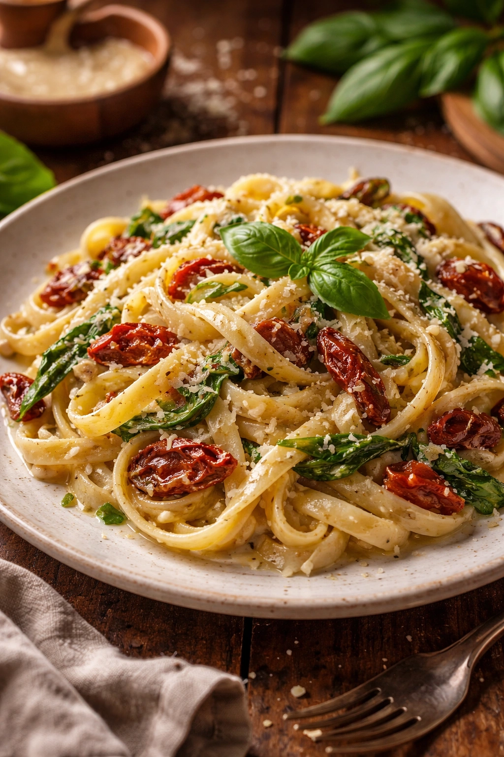 Creamy Tuscan pasta with sun-dried tomatoes and basil on a rustic plate