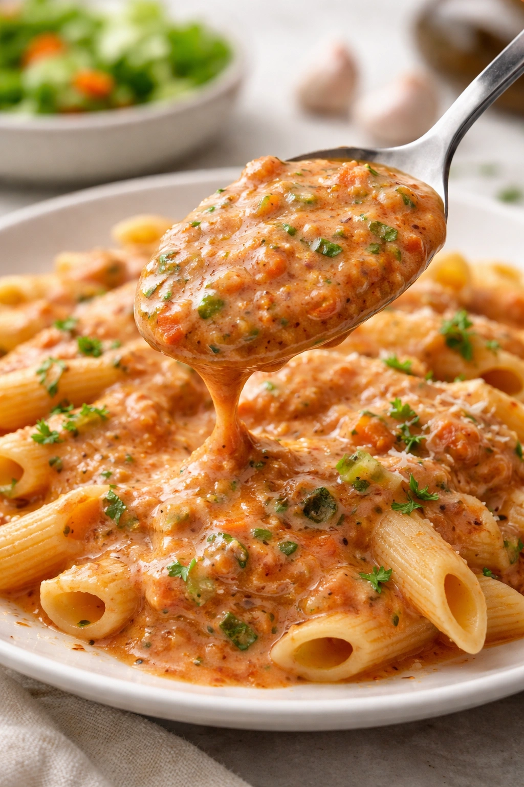 Spoonful of creamy tomato-vegetable sauce with blended vegetables