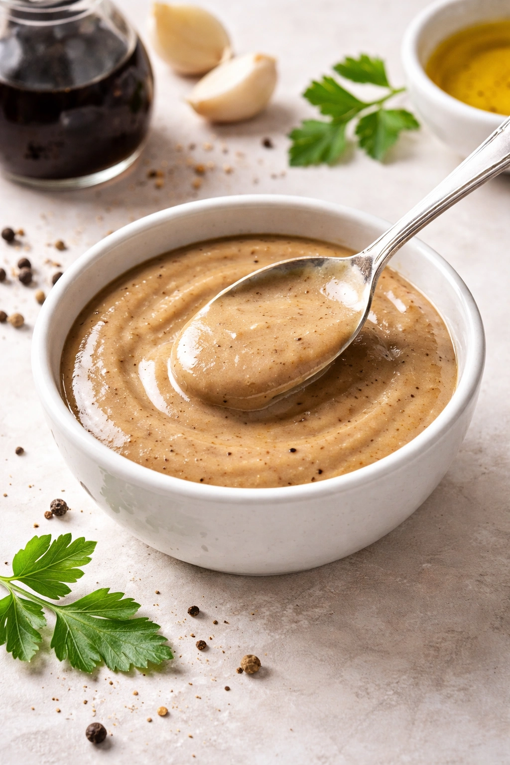 Bowl of creamy balsamic vinaigrette with glossy texture