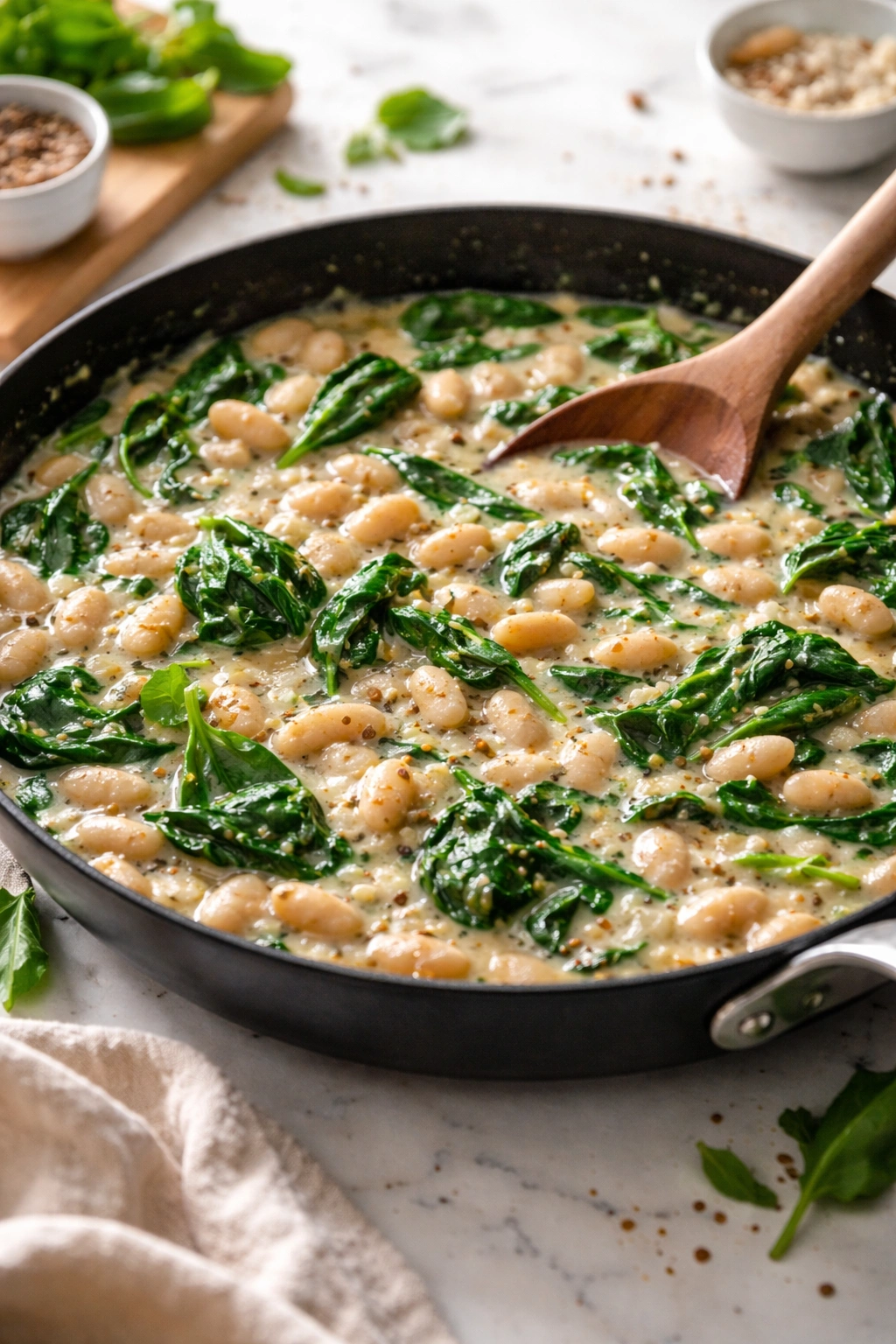 Creamy white beans with spinach in a skillet