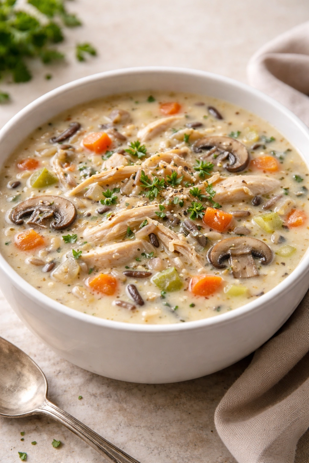 Creamy chicken and wild rice soup in a white bowl with mushrooms