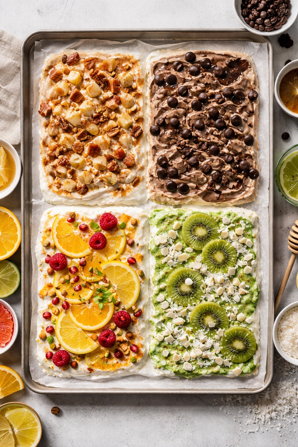 Frozen yogurt bark with four flavor variations shown by toppings