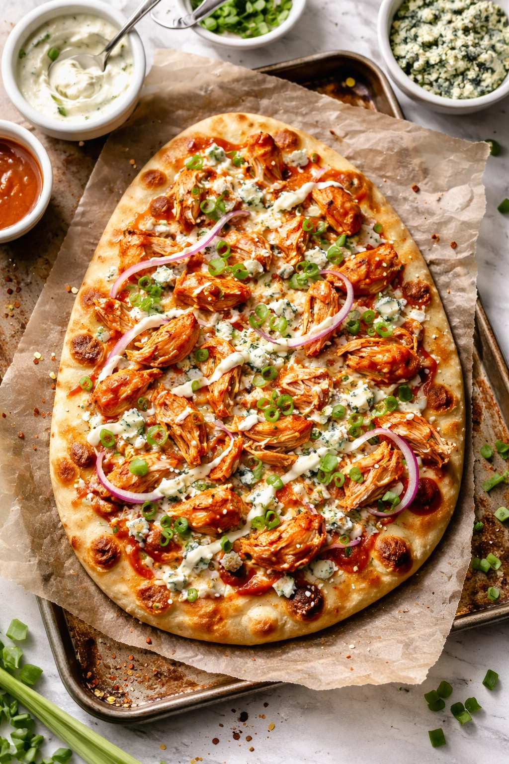 Naan pizza with buffalo chicken and blue cheese toppings