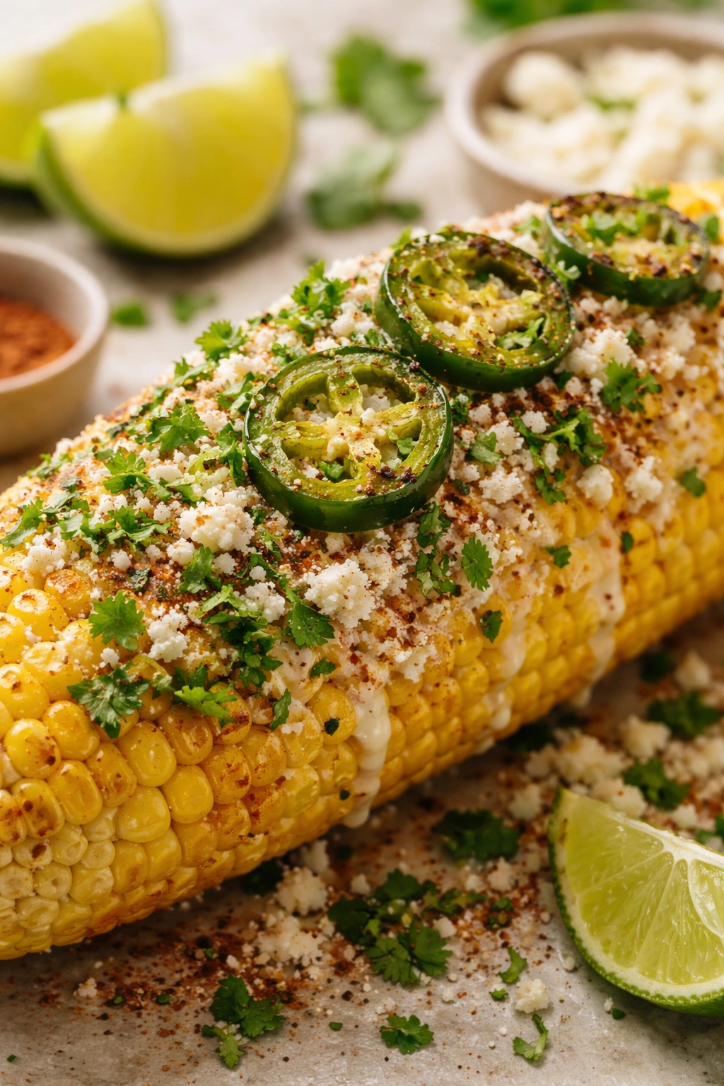 Corn with jalapeño, cotija, cilantro and lime toppings