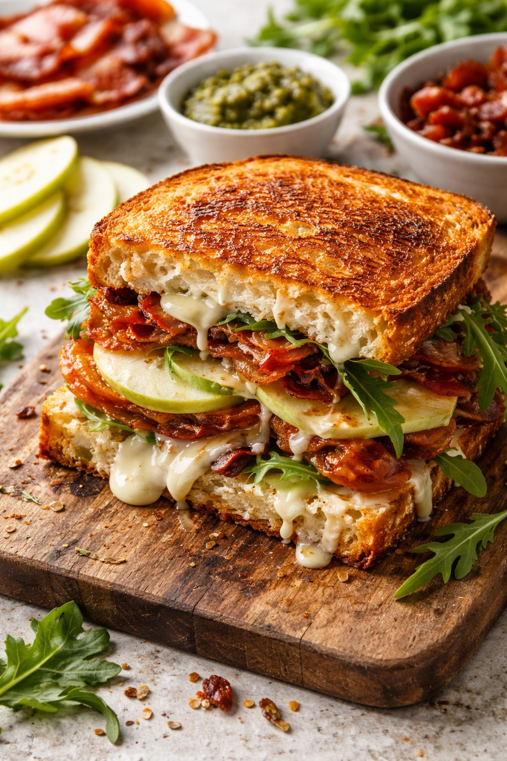 Loaded grilled cheese with apples, brie, bacon and greens