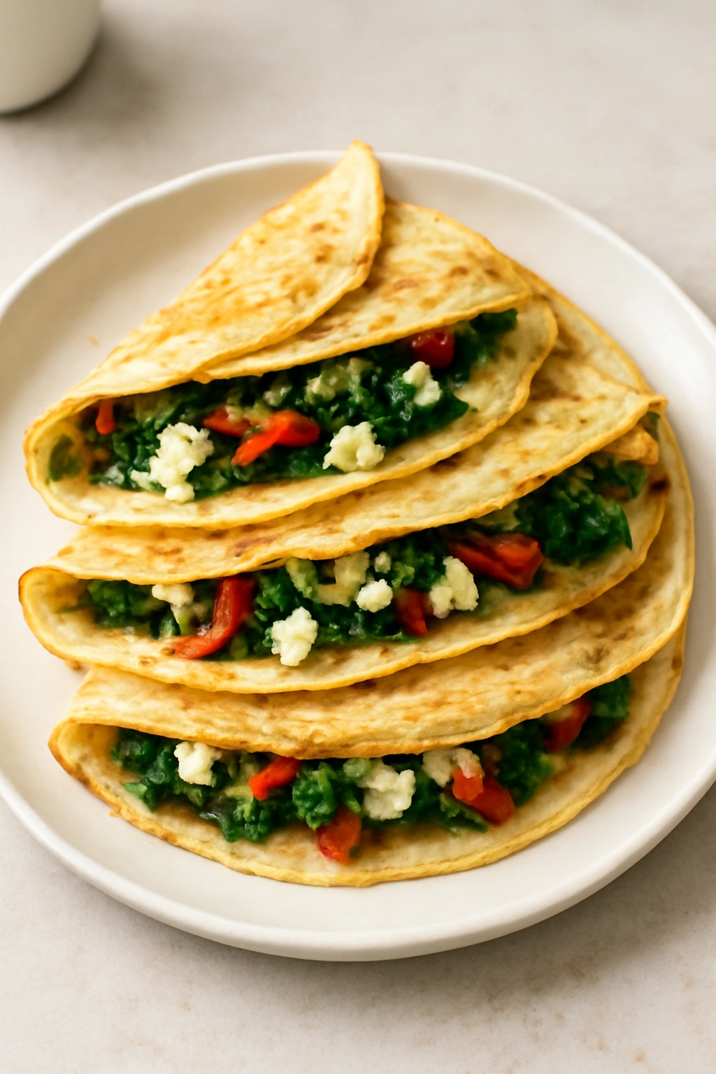 Close-up of Mediterranean savory crepes with spinach feta and roasted peppers on plate