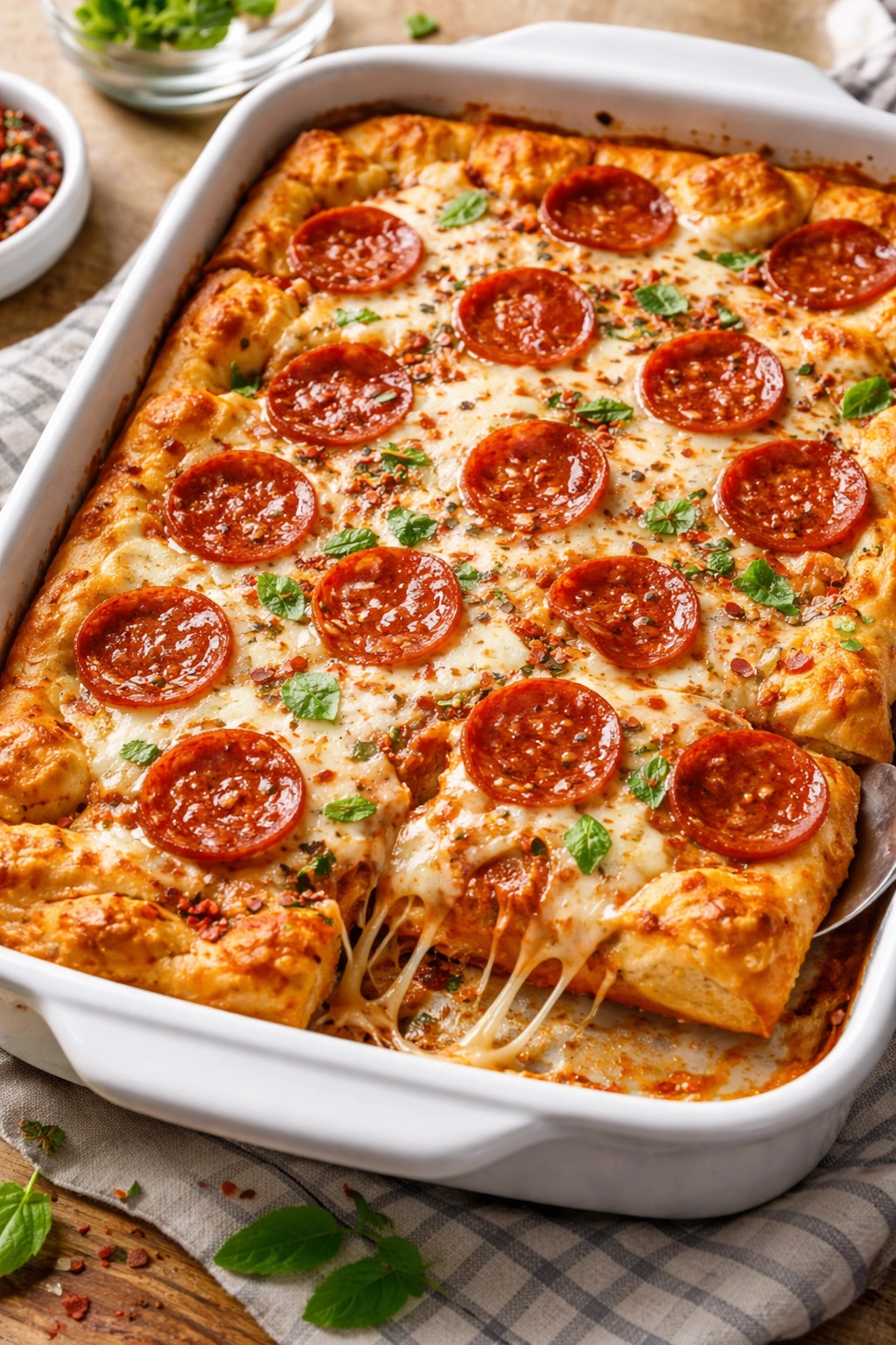 Pepperoni pizza crescent bake in a 9x13 pan with melted cheese and pepperoni