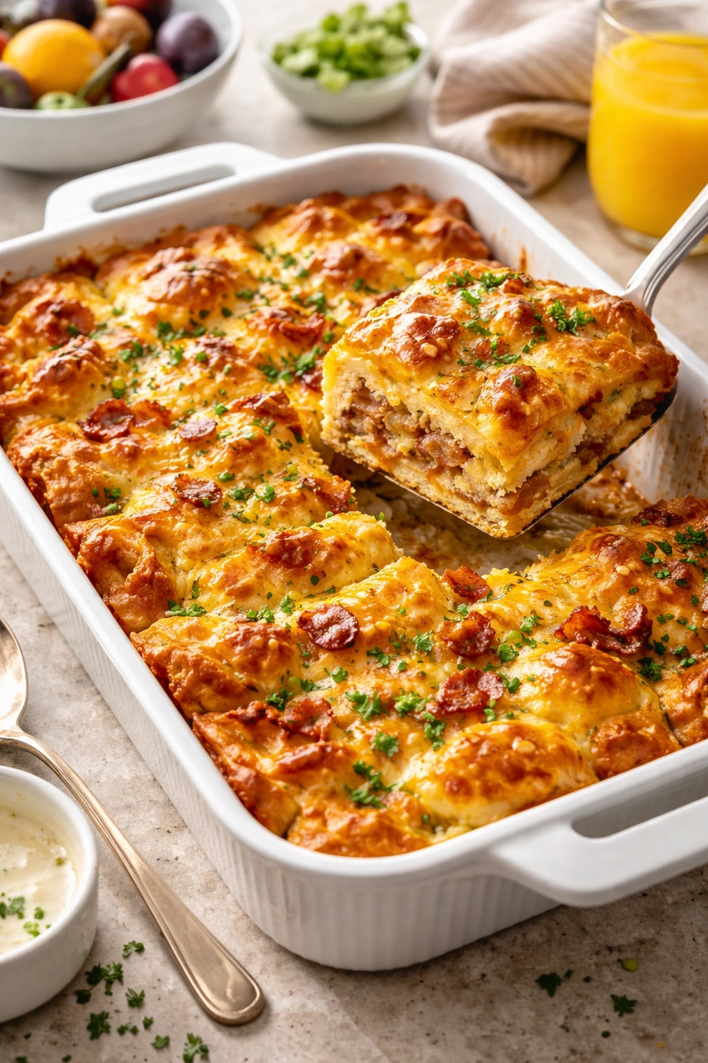 Crescent roll breakfast strata in a casserole dish sliced