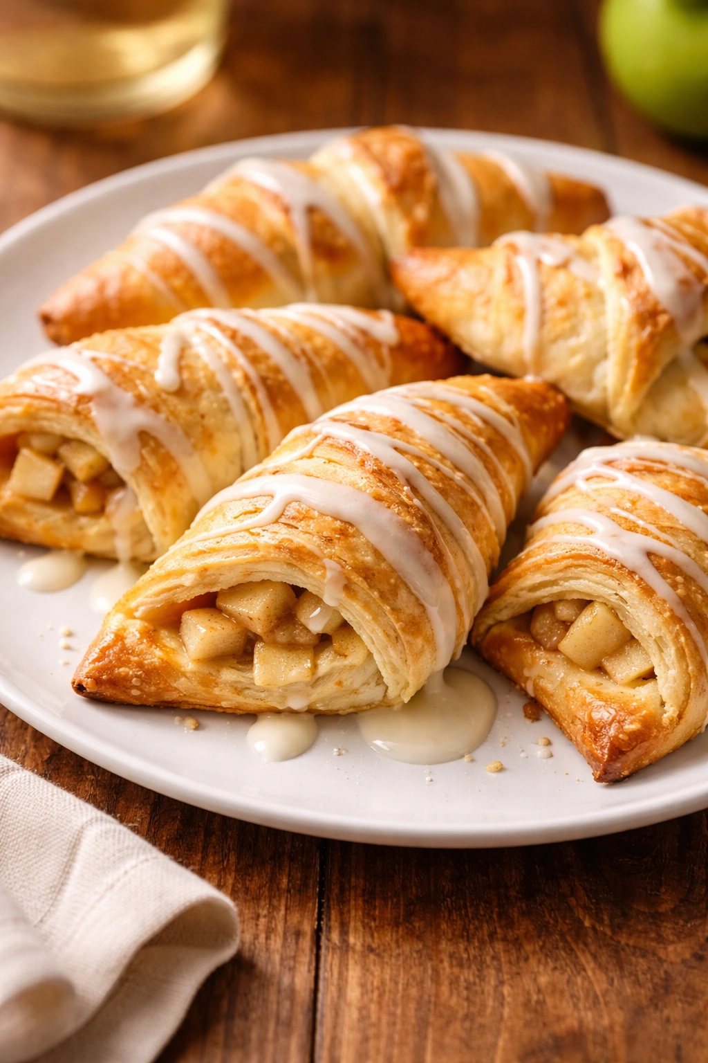 Close-up of crescent roll apple turnovers with vanilla glaze on a plate