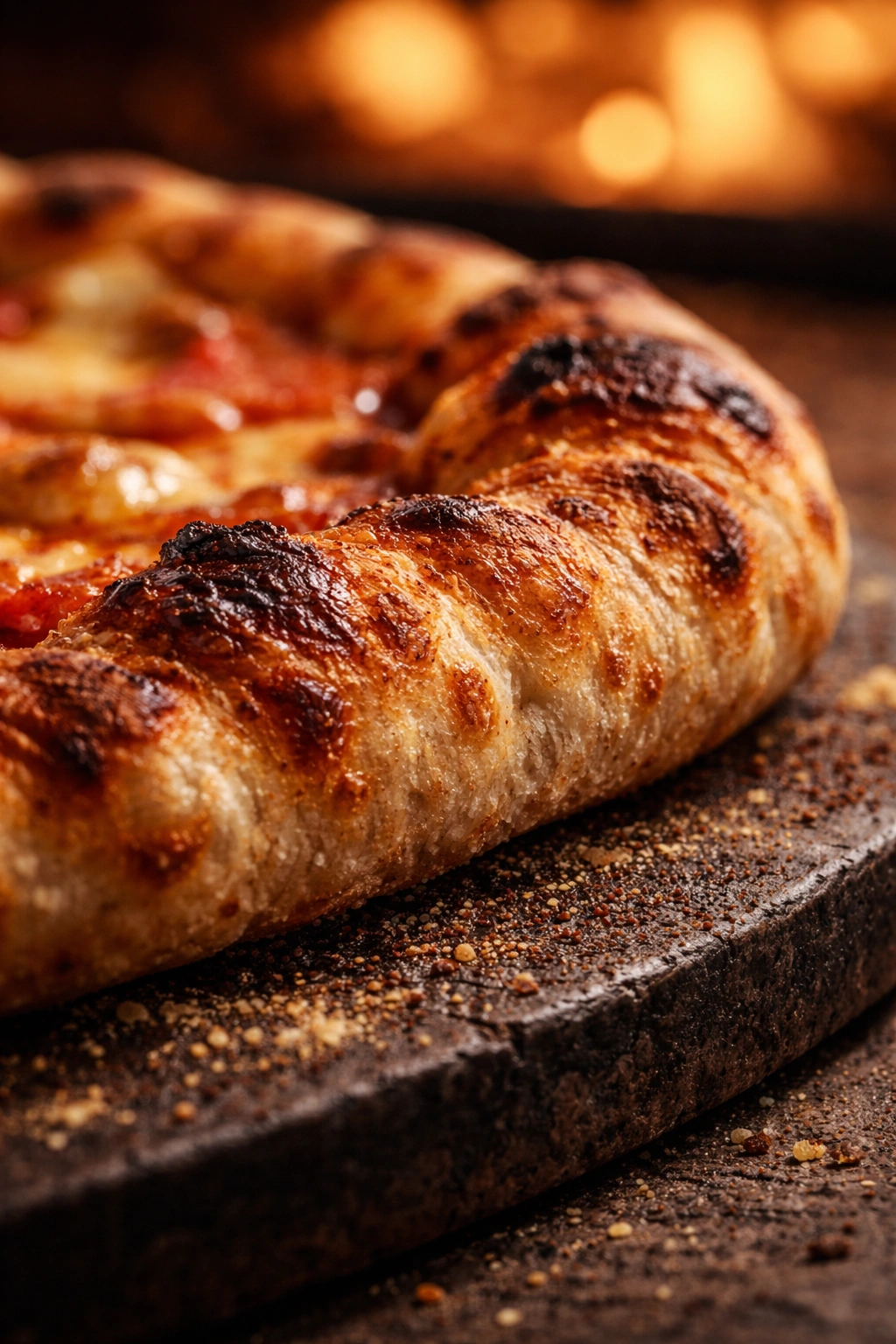 Close up of blistered golden-brown pizza crust edge with light char