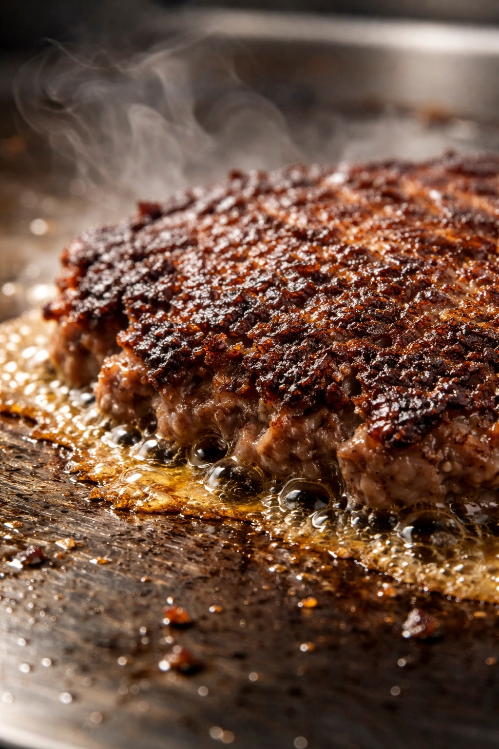 Macro close-up of patty edge with craggy crust on a hot griddle.