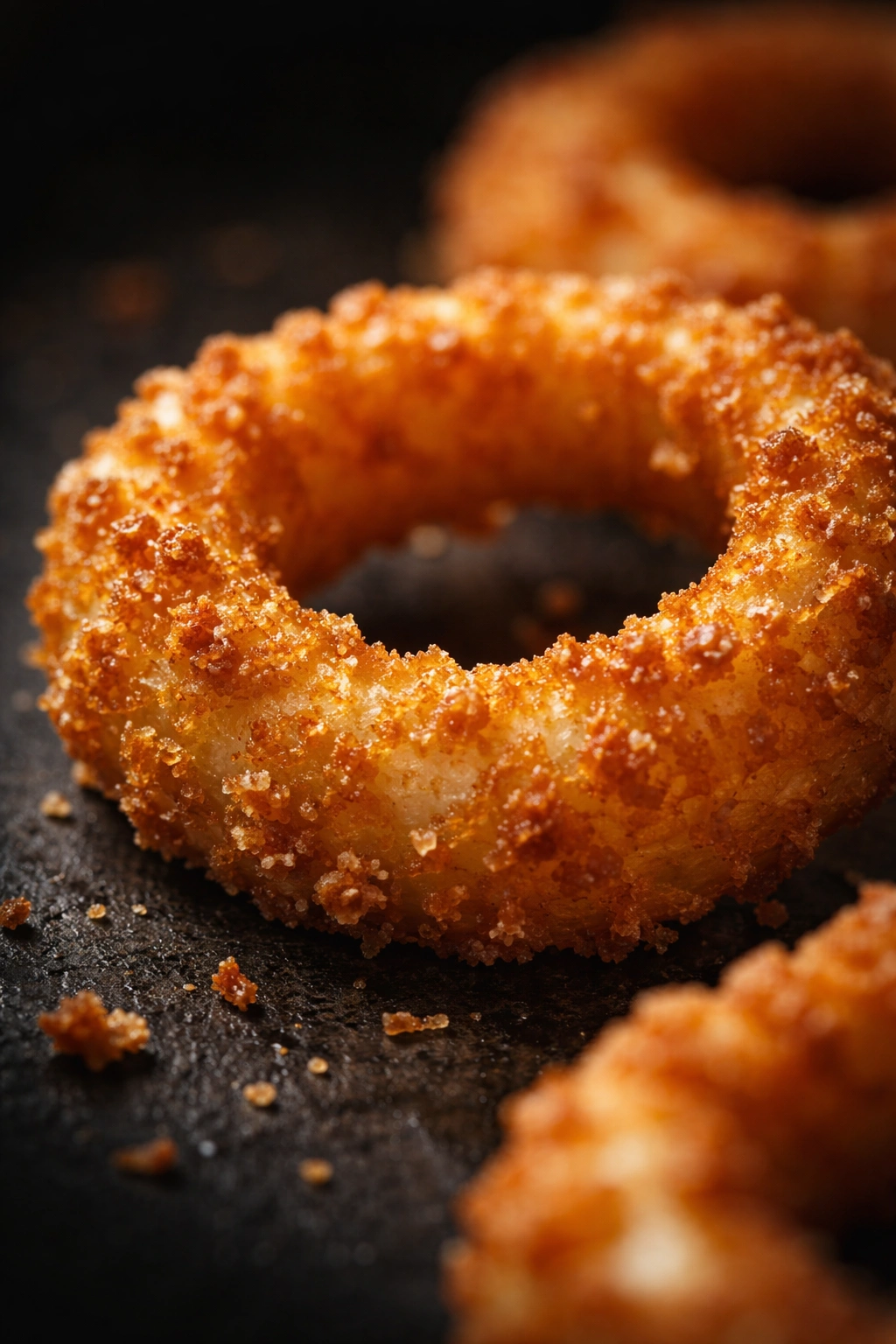 Macro close-up of onion ring with crackly crust.