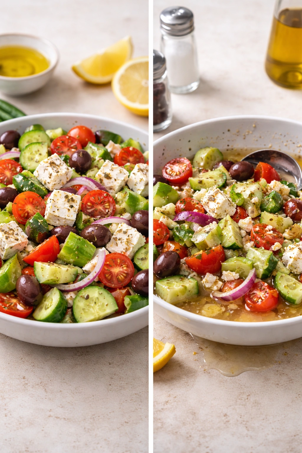Crisp vs soggy Greek salad illustrating common mistakes to avoid