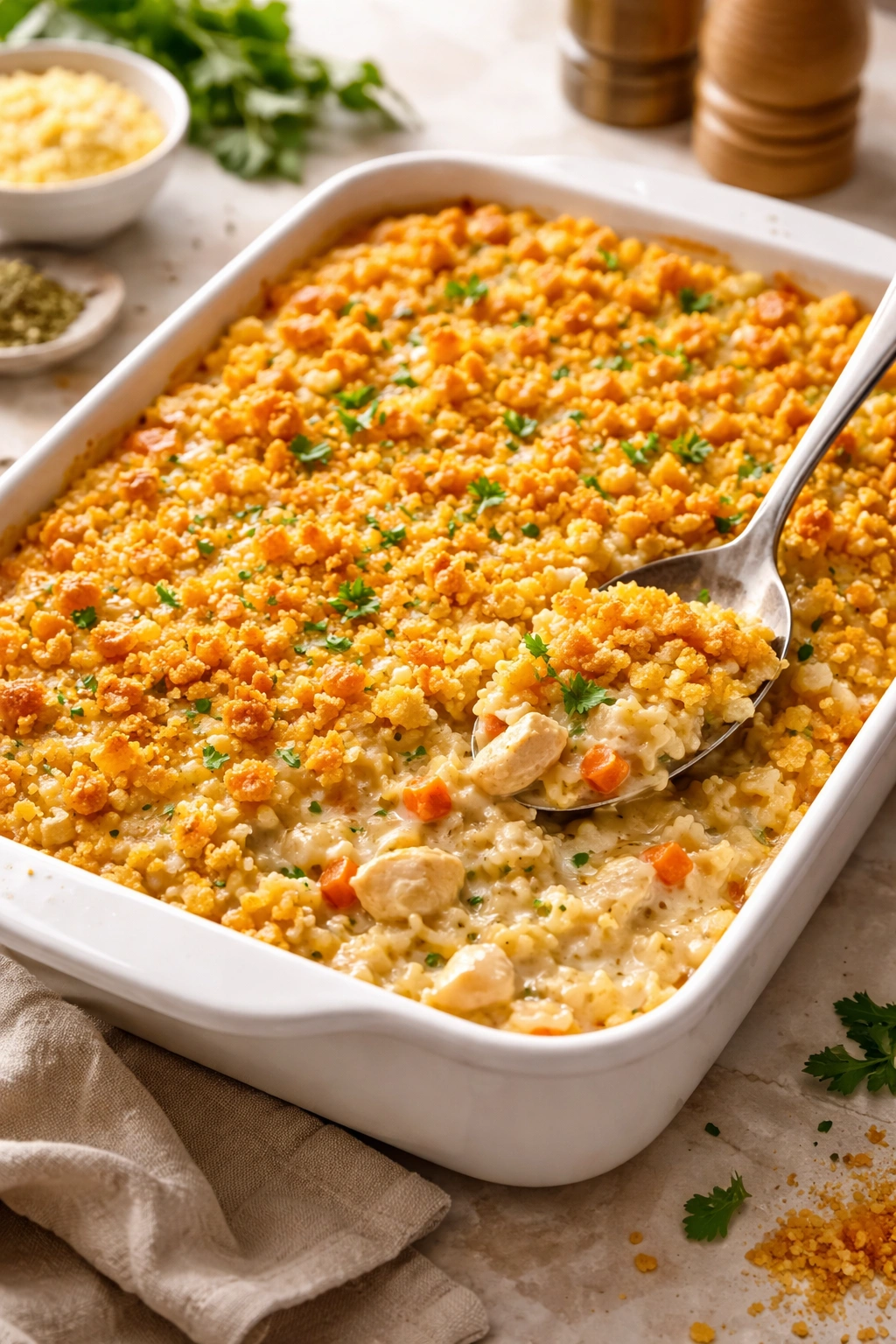 Casserole with crisp cracker topping and butter glaze