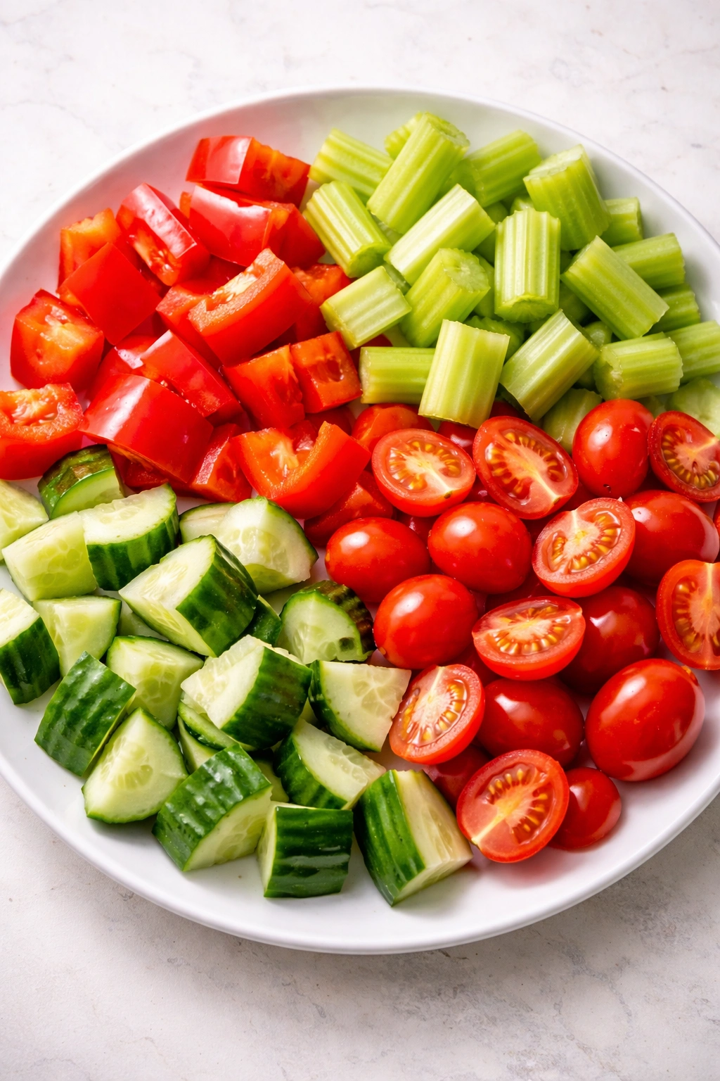 Crisp vegetables on a plate: peppers, celery, tomatoes, cucumber