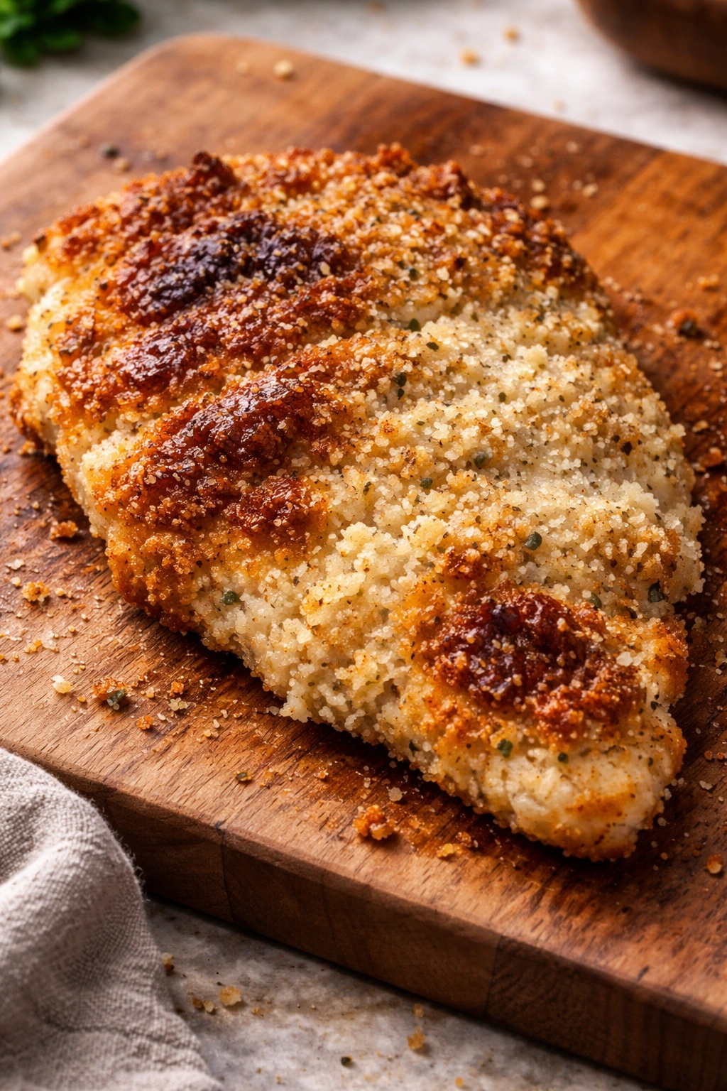 Close-up of uneven breading on chicken cutlet showing lack of crispiness