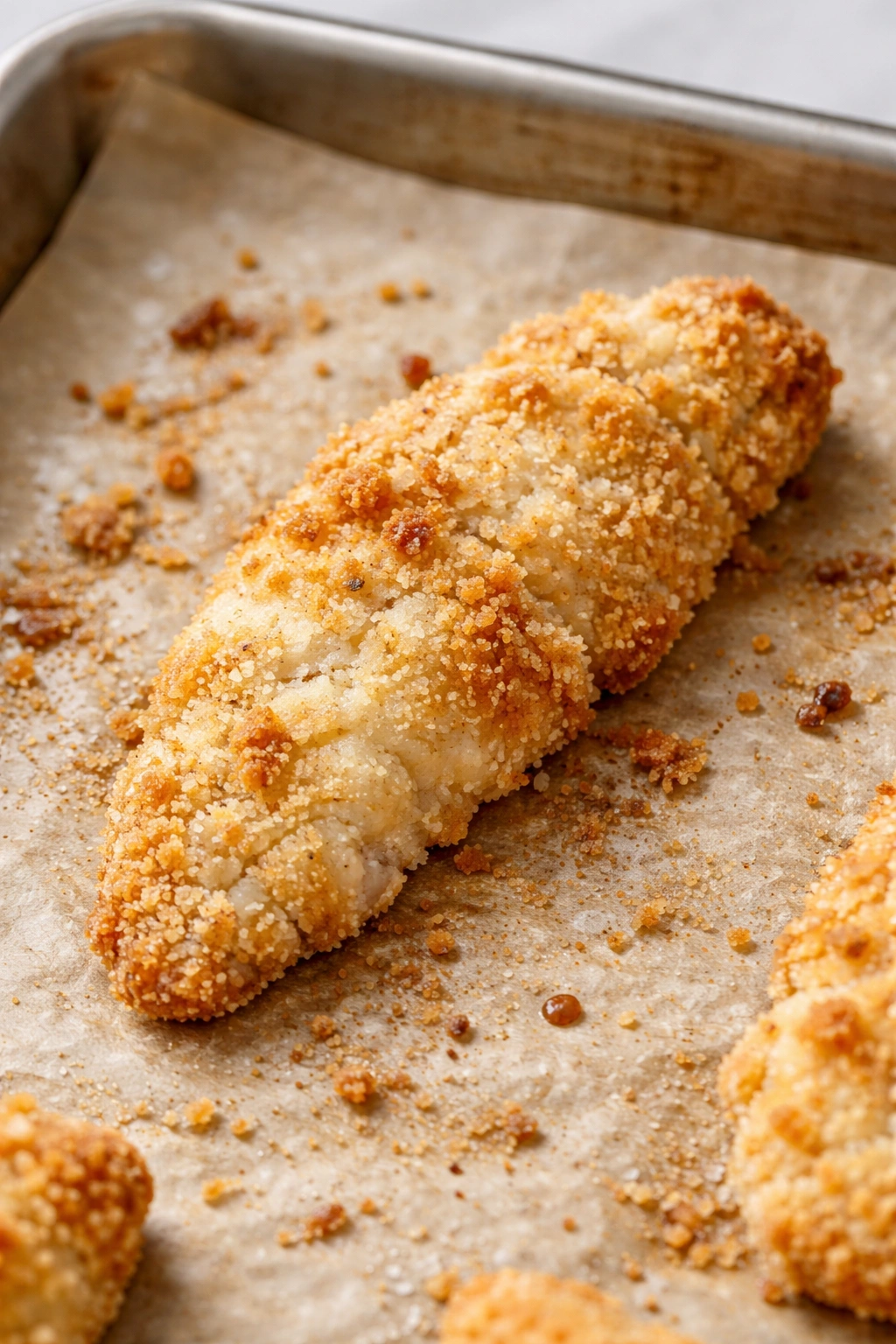 Chicken tender with uneven coating on a baking sheet