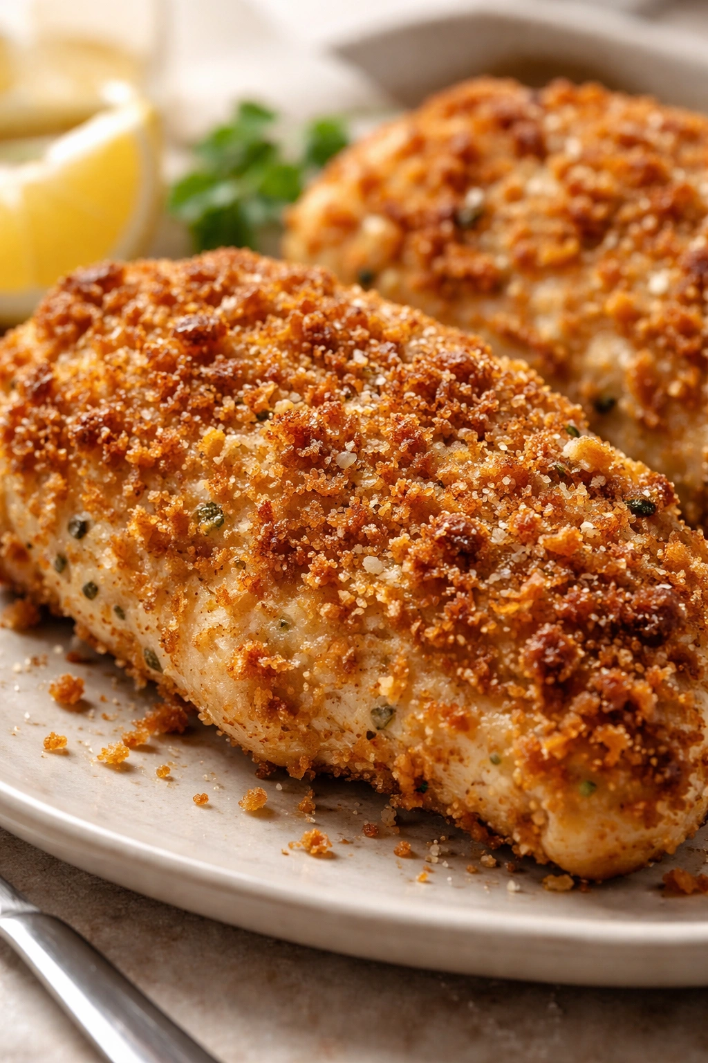 Extreme close-up of crisp, golden chicken crust