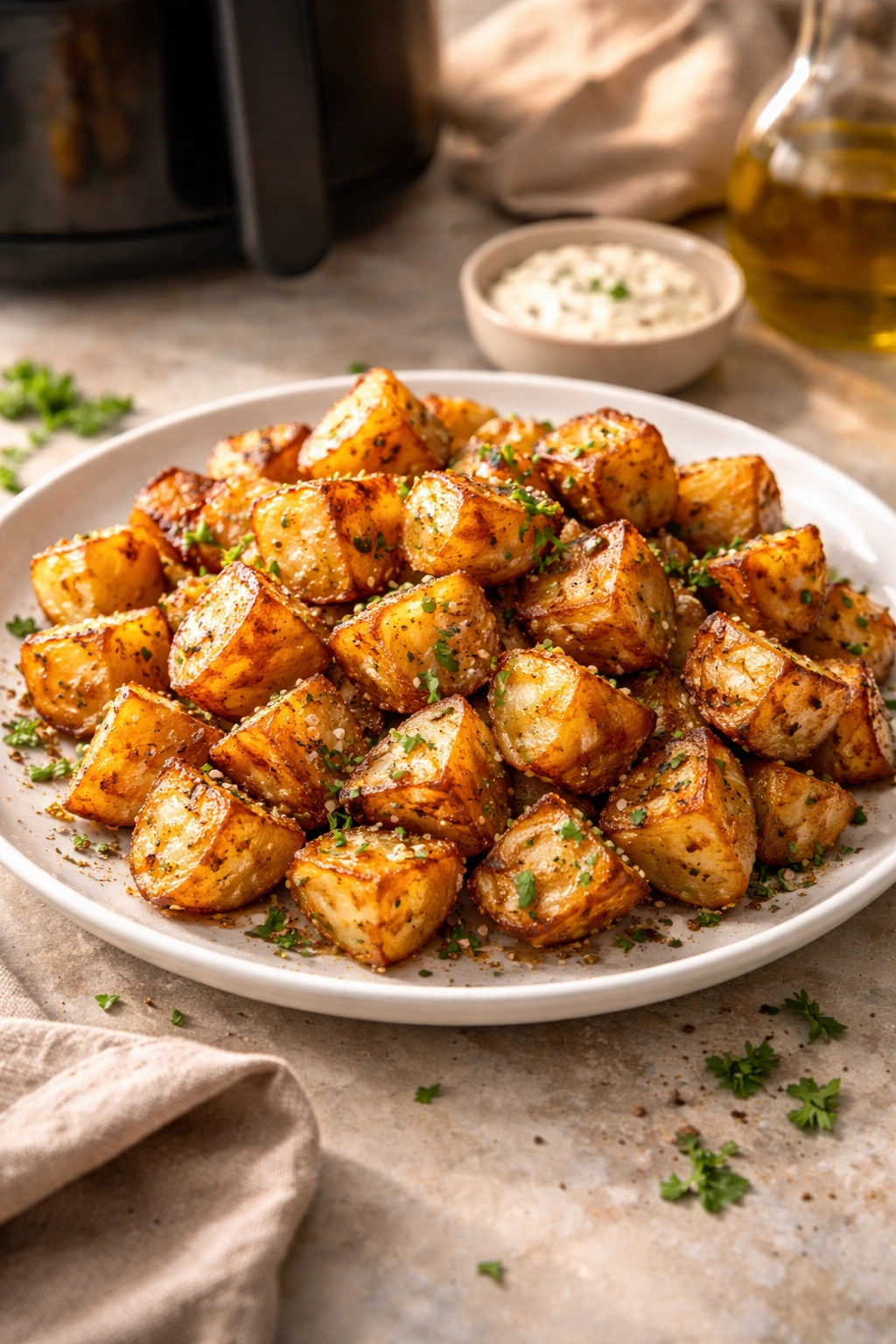 Plate of crispy air fryer potatoes seasoned with herbs
