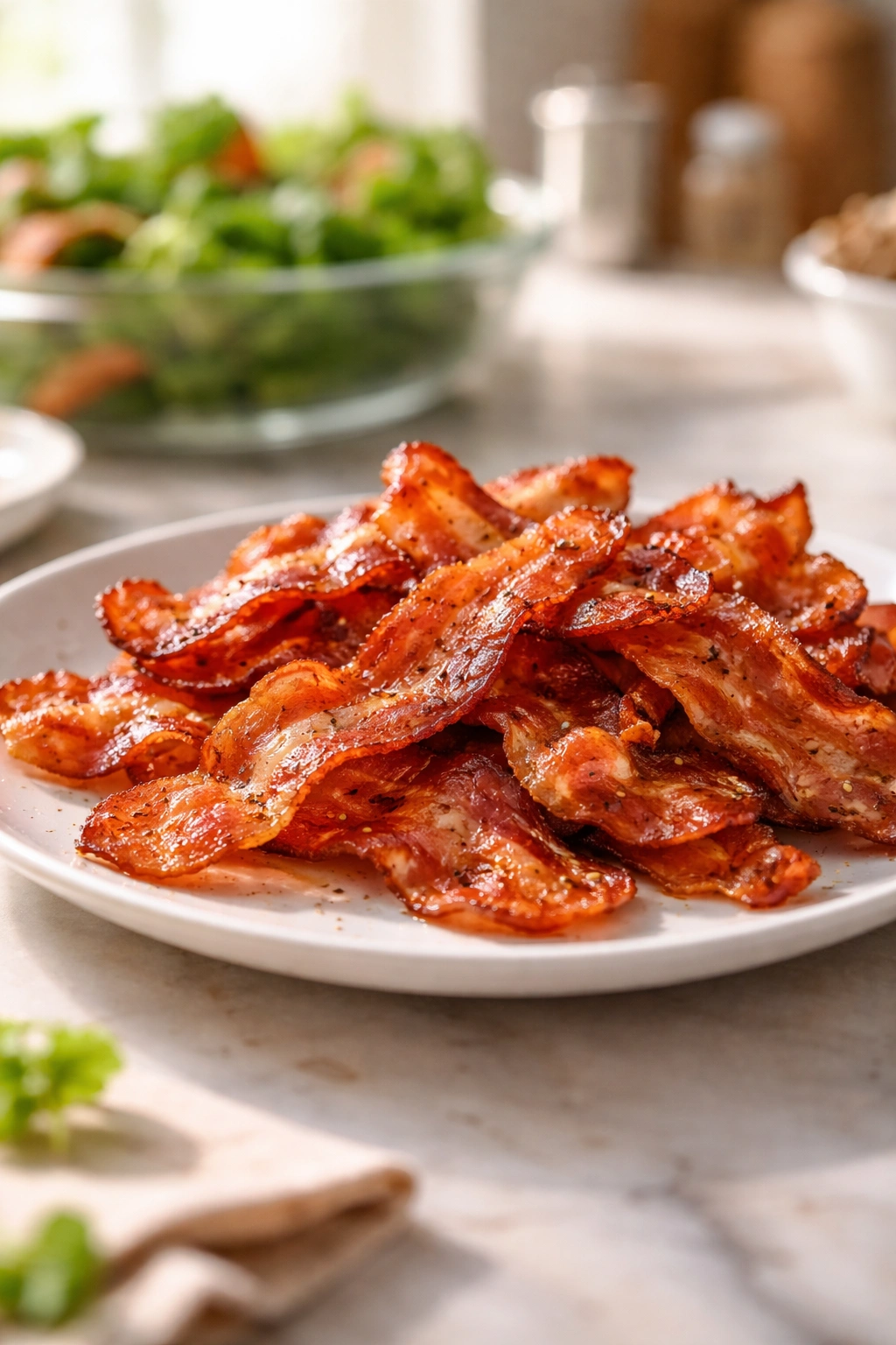 Close-up of crispy bacon slices on a white plate.