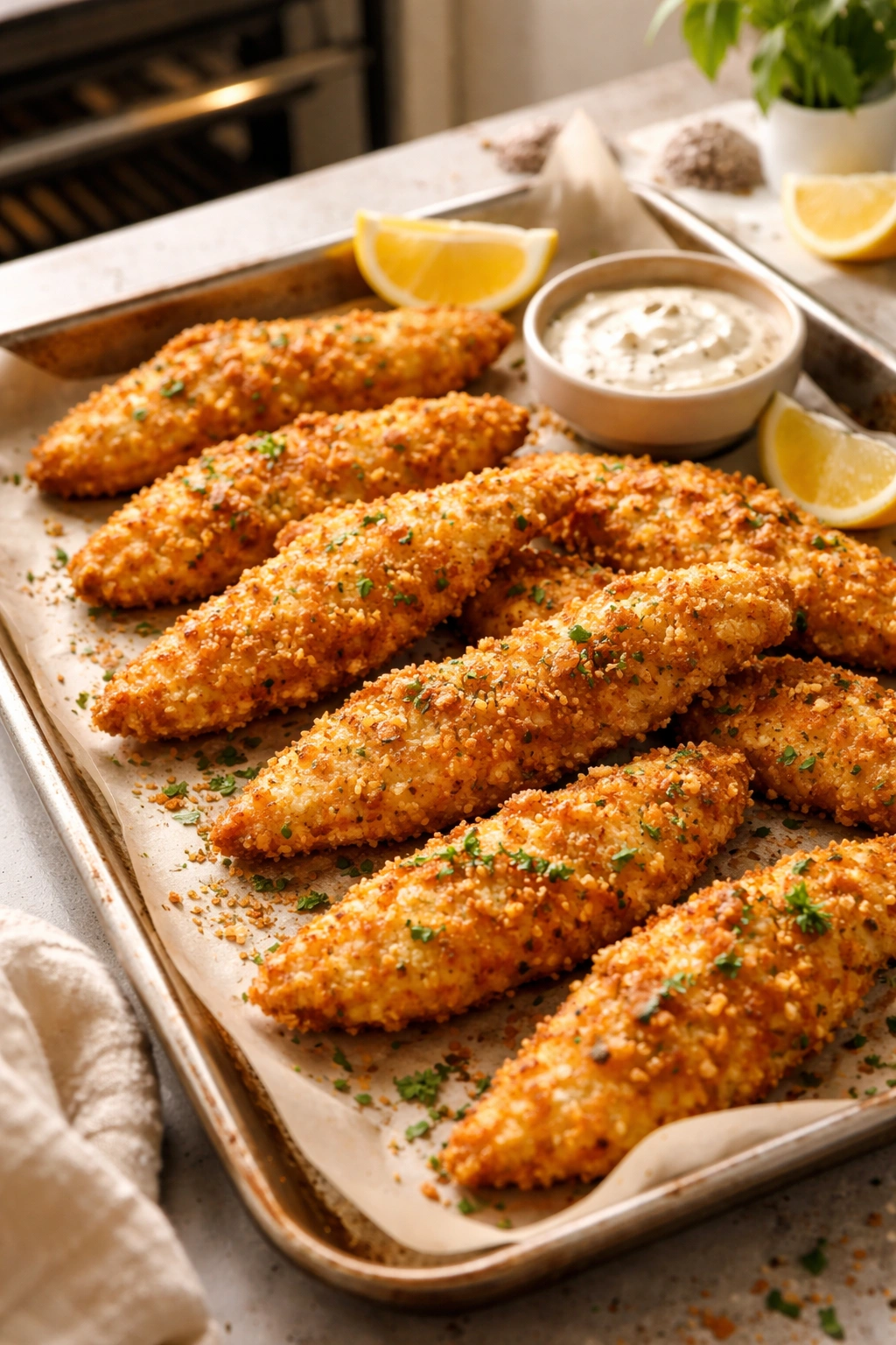 Close-up of crispy baked chicken tenders on parchment-lined baking sheet