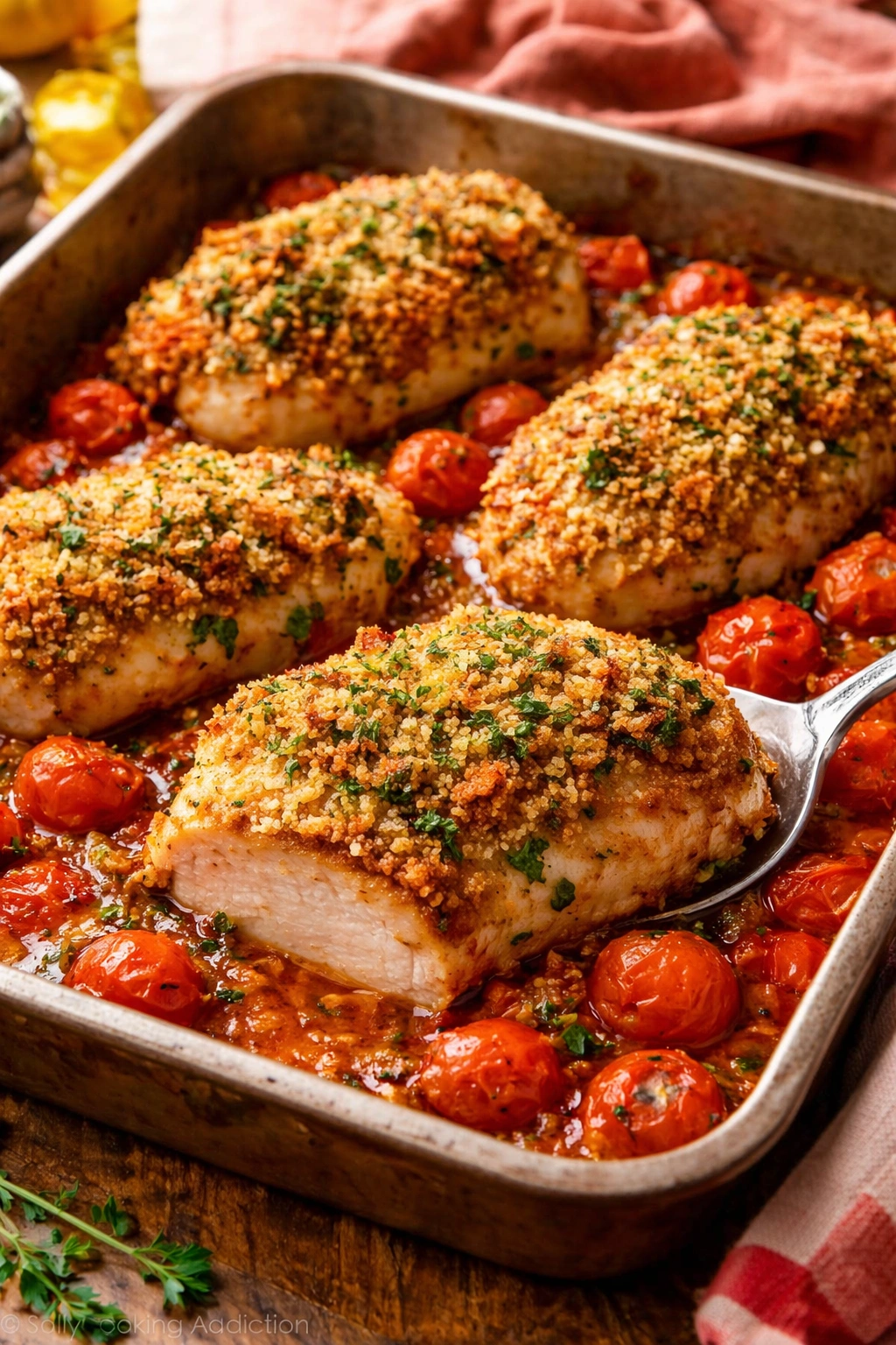 Crispy baked tomato-oregano chicken over roasted tomatoes