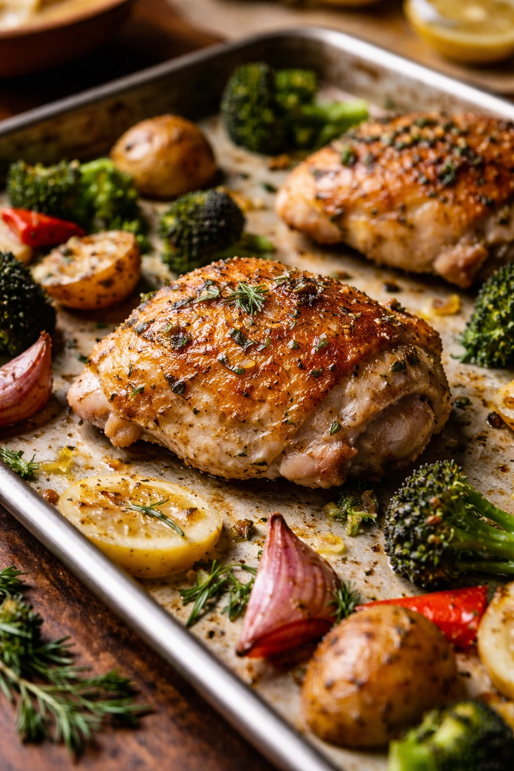 Crispy-skinned chicken thigh on a space-filled sheet pan